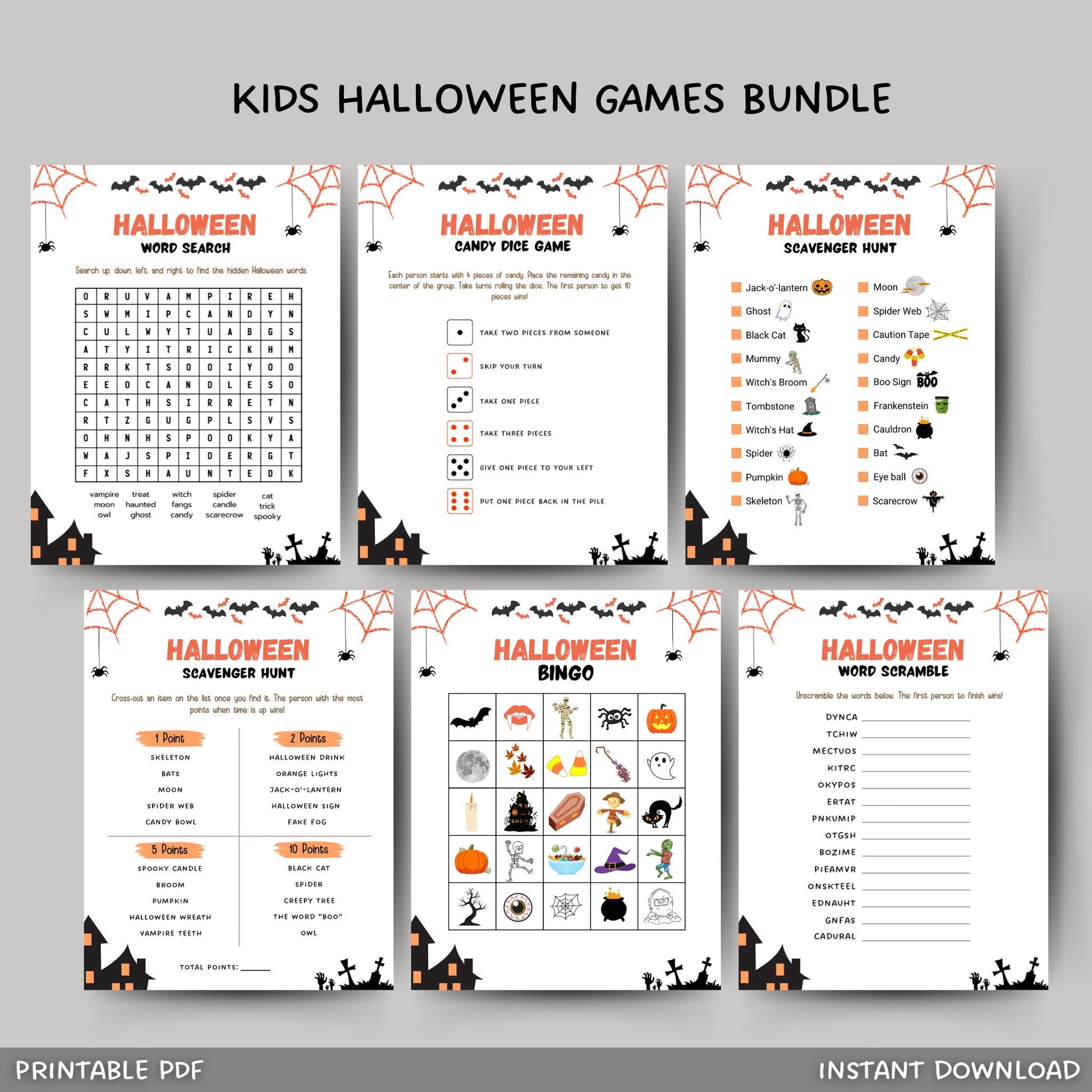 Halloween Games Bundle Kids Printable, Halloween Party Games, Scavenger Hunt, Candy Dice Game, Bingo, Word Search, Word Scramble