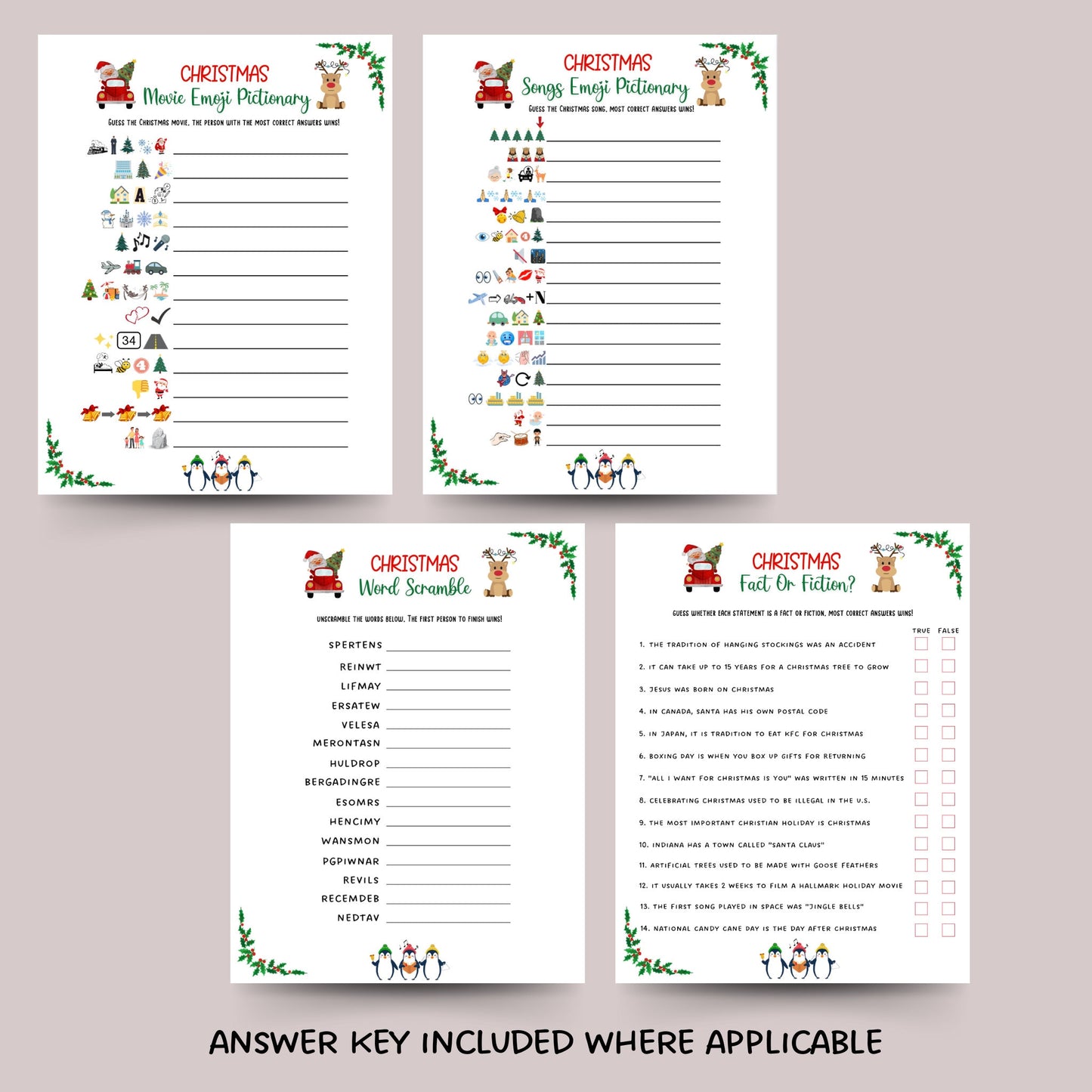 Christmas Party Games Bundle Printable, Fun Holiday Game, Christmas Family Game, Office Party Game, Xmas Game Adult, Trivia Game, Emoji Game