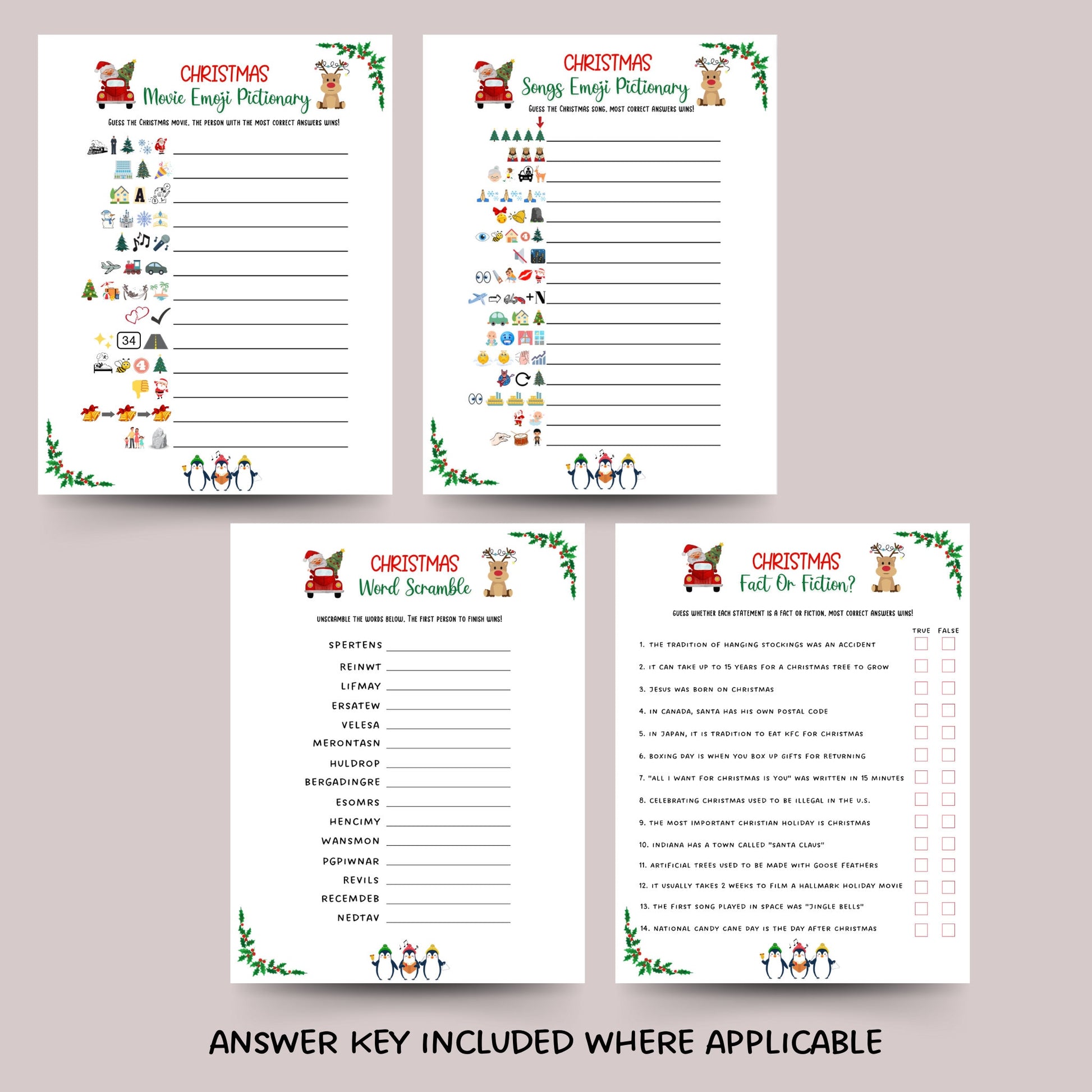 Christmas Party Games Bundle Printable, Fun Holiday Game, Christmas Family Game, Office Party Game, Xmas Game Adult, Trivia Game, Emoji Game