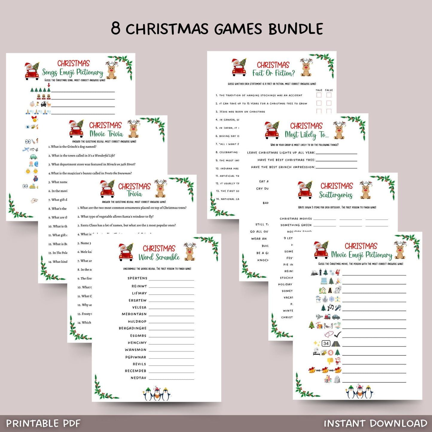 This Christmas pack of 8 games bundle is a printable PDF and an instant digital download! It is perfect for any party/ get together and great to play with your friends and family! It is sure to impress your guests and works great for adults and kids!