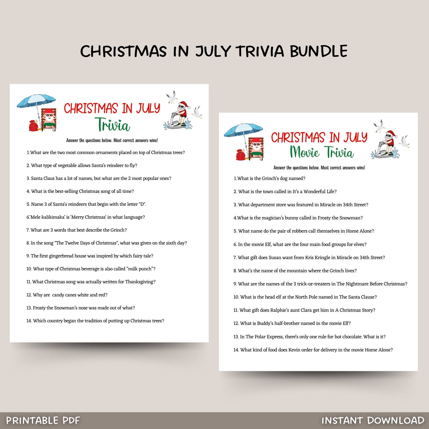 Christmas in July Trivia Game Printable, Summer Christmas Party, Tropical Party Game Kids & Adults, Fun Family Activity, Office Party Ideas