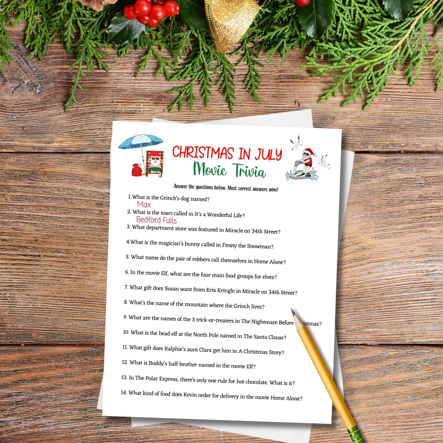 Christmas in July Trivia Game Printable, Summer Christmas Party, Tropical Party Game Kids & Adults, Fun Family Activity, Office Party Ideas