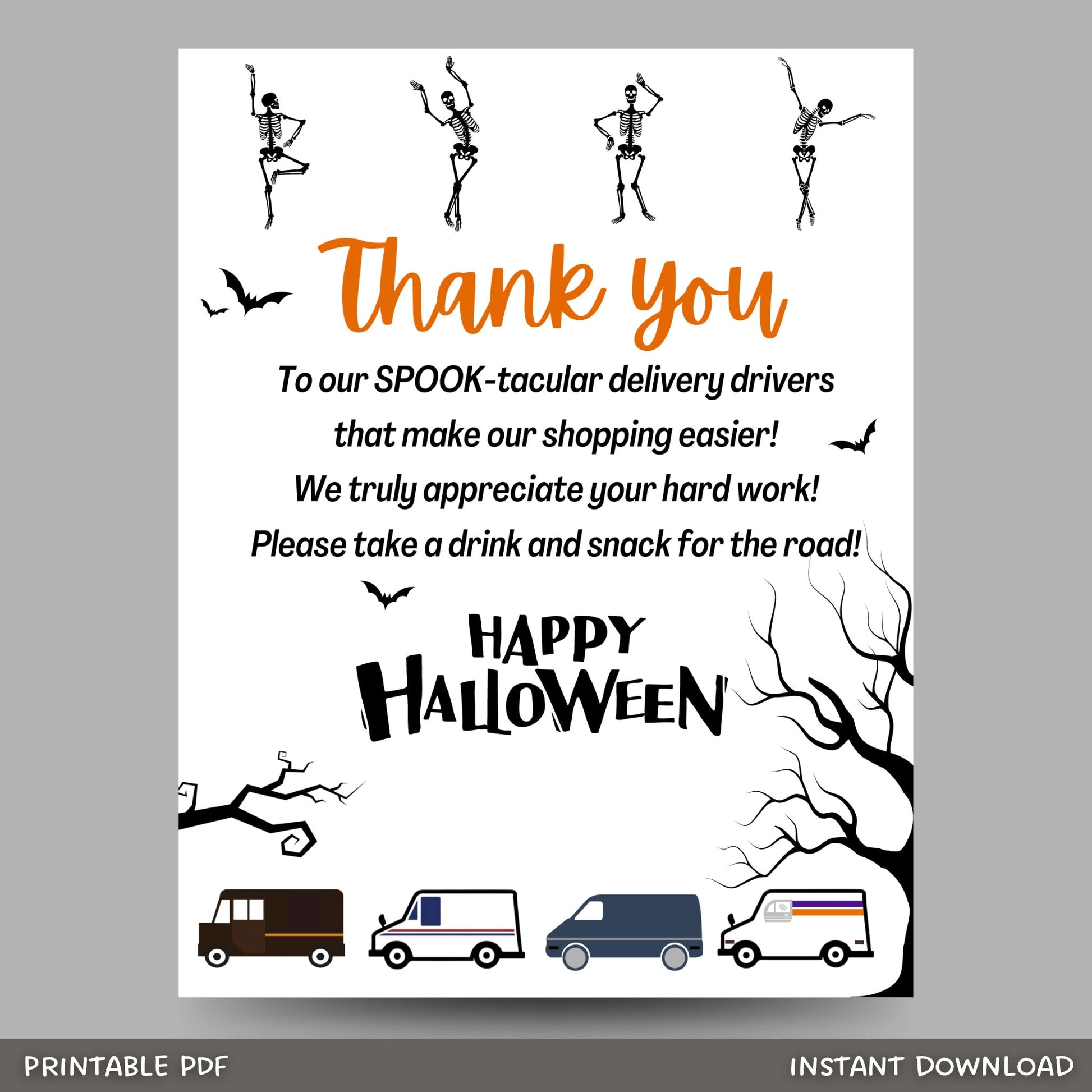 Thank You Snack & Drink Sign, Halloween Delivery Driver Appreciation Sign, Mail Carrier Treat Basket Printable Sign, Essential Worker Sign