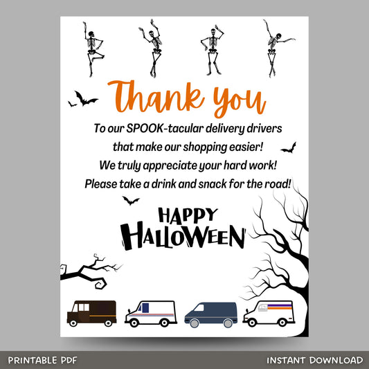 Thank You Snack & Drink Sign, Halloween Delivery Driver Appreciation Sign, Mail Carrier Treat Basket Printable Sign, Essential Worker Sign