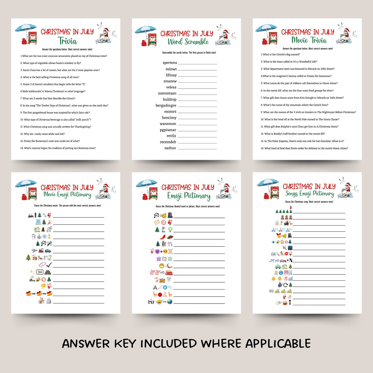 Christmas in July Games Bundle Printable, Family Activity, Office Party Xmas Games, Fun Holiday Games, Xmas Party Games For Kids & Adults
