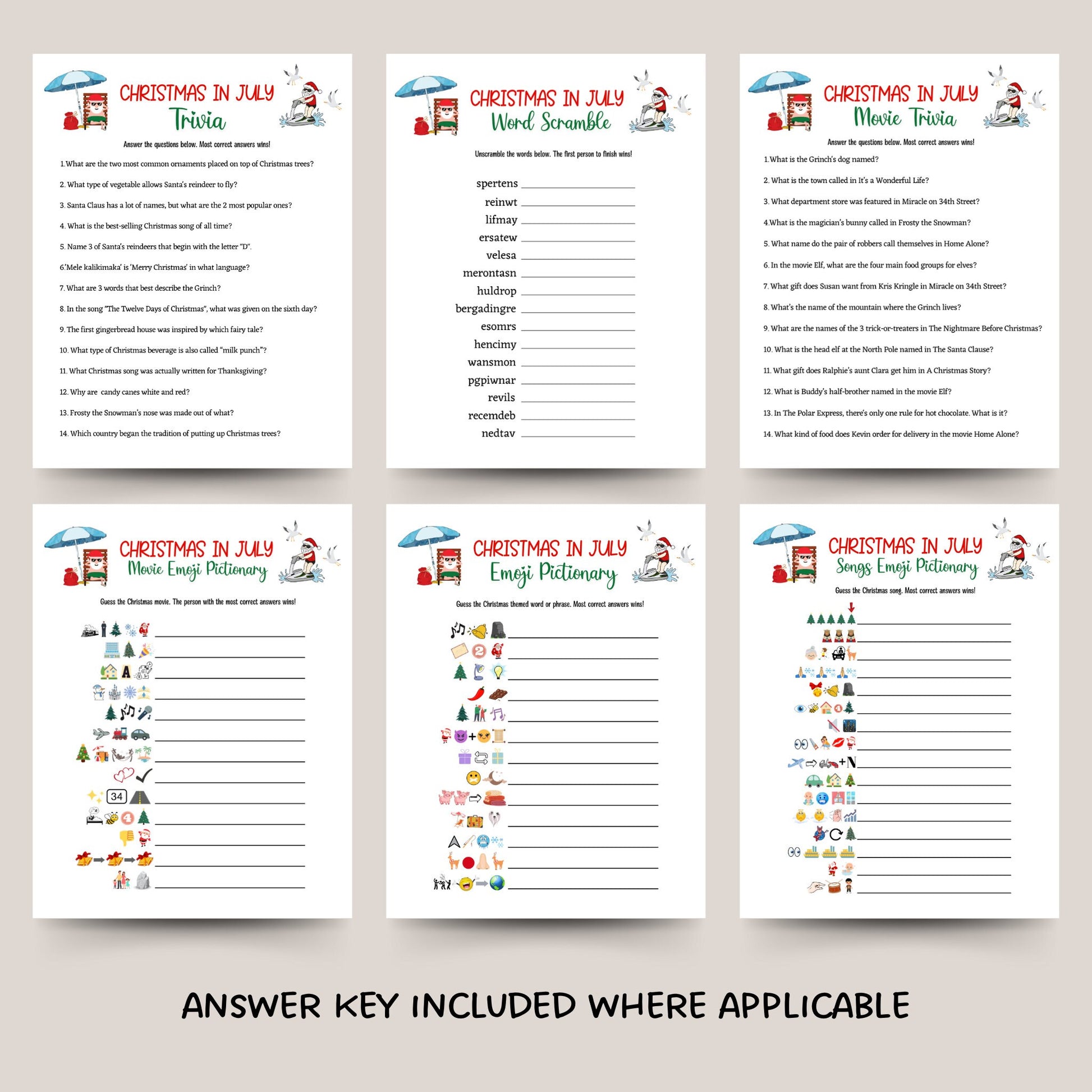 Christmas in July Games Bundle Printable, Family Activity, Office Party Xmas Games, Fun Holiday Games, Xmas Party Games For Kids & Adults