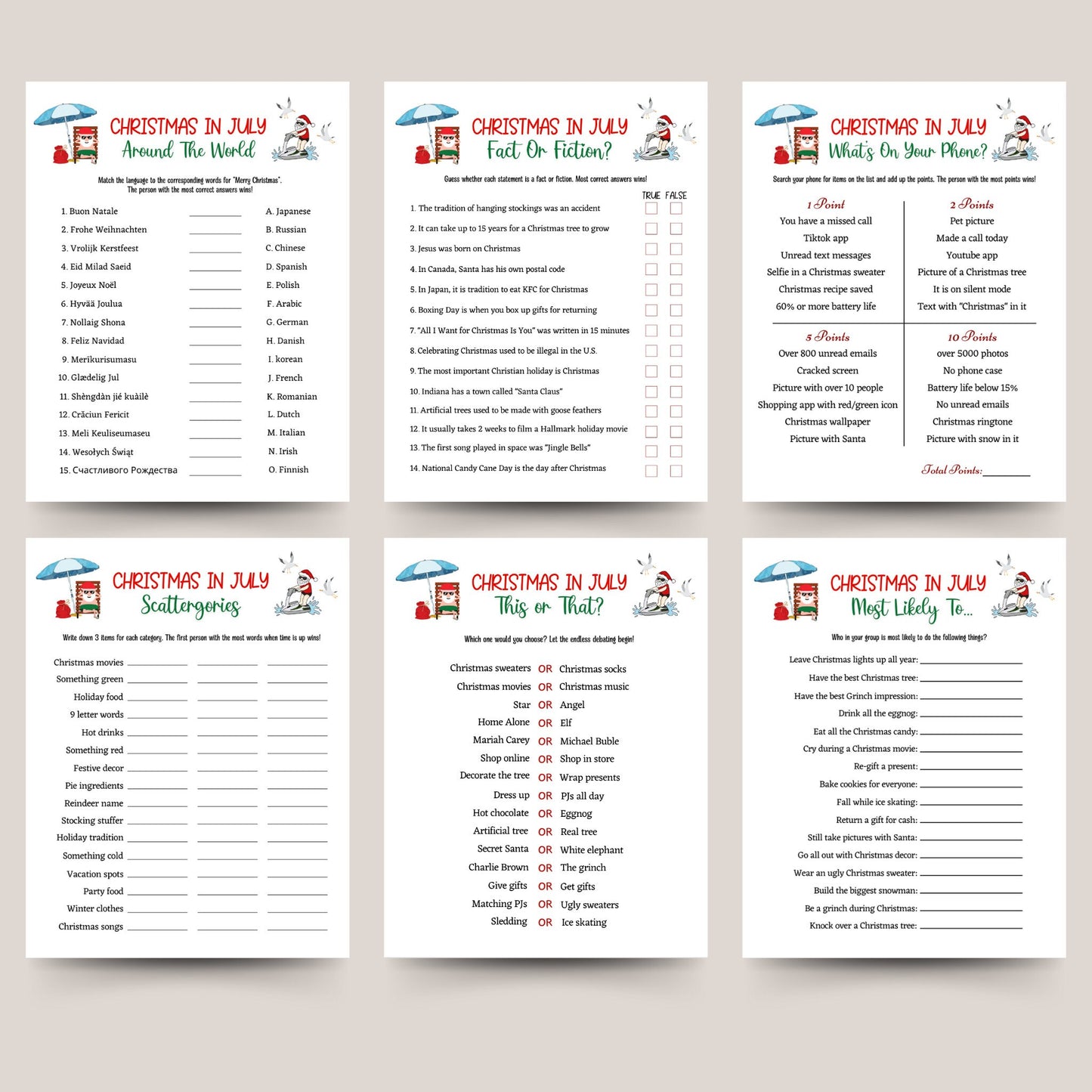 Christmas in July Games Bundle Printable, Family Activity, Office Party Xmas Games, Fun Holiday Games, Xmas Party Games For Kids & Adults