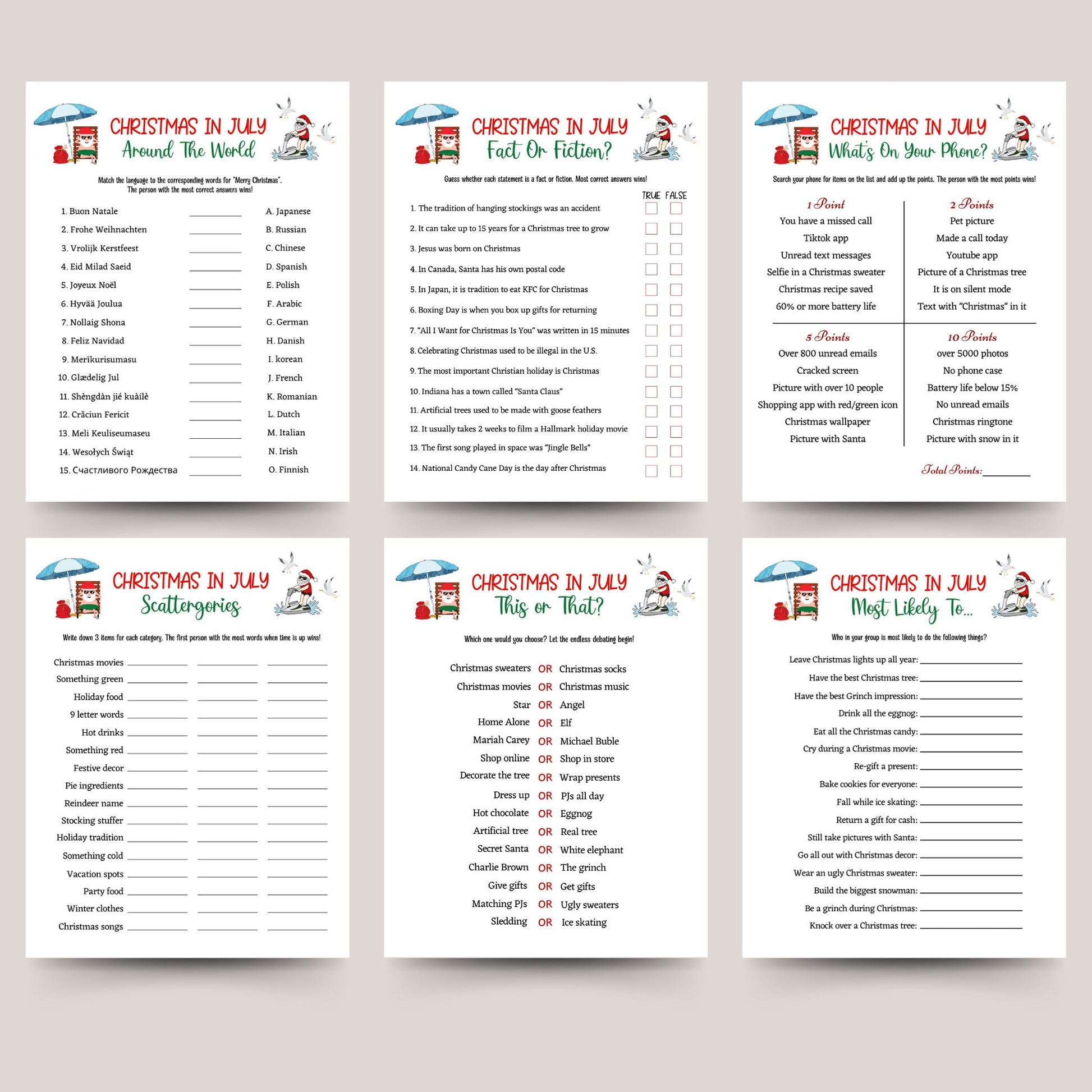 Christmas in July Games Bundle Printable, Family Activity, Office Party Xmas Games, Fun Holiday Games, Xmas Party Games For Kids & Adults