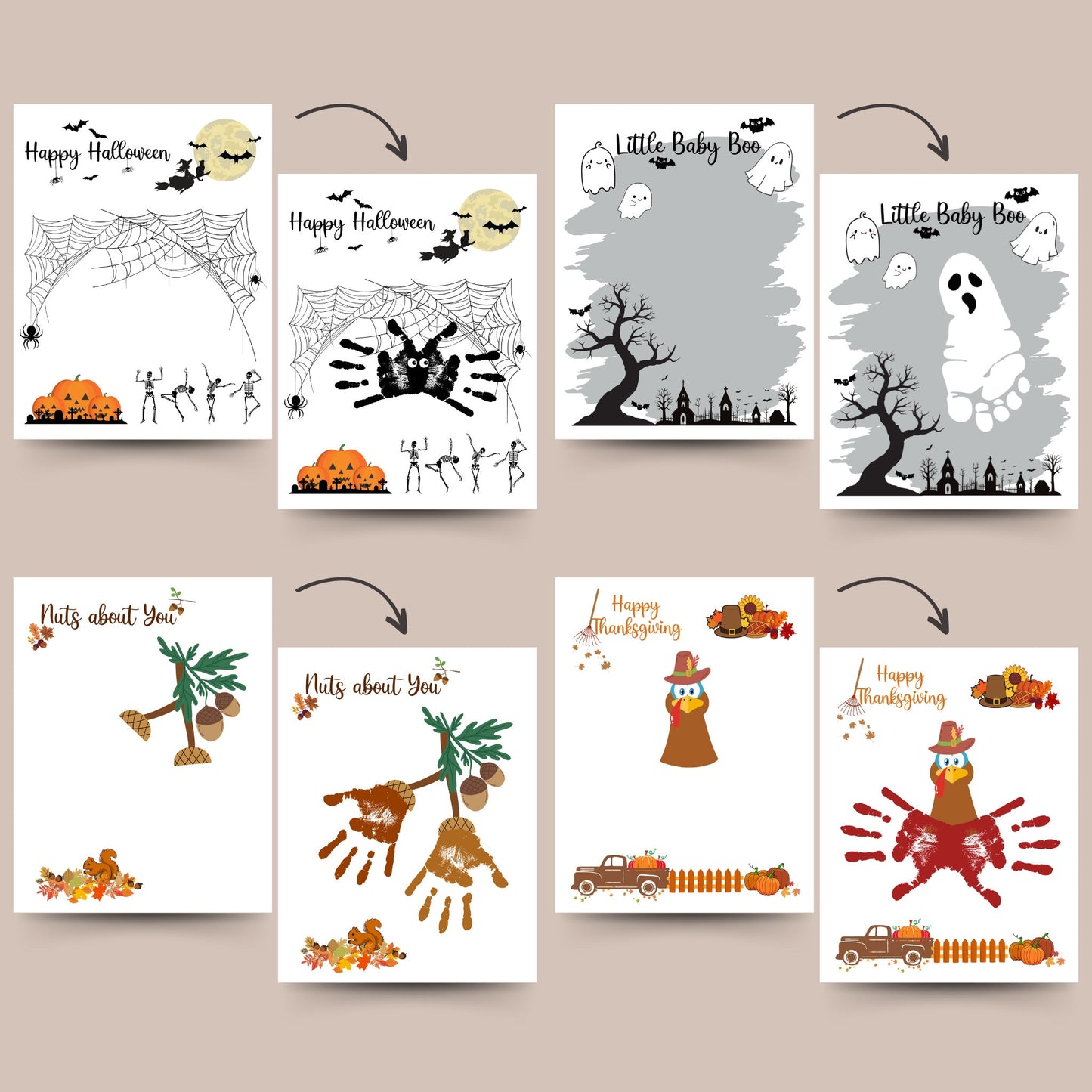 Fall Handprint & Footprint Printable Crafts, DIY Autumn Art For Baby Toddler Kids Thanksgiving Halloween Memory Keepsake, Preschool Activity