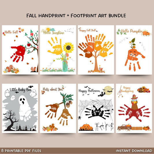 Fall Handprint & Footprint Printable Crafts, DIY Autumn Art For Baby Toddler Kids Thanksgiving Halloween Memory Keepsake, Preschool Activity