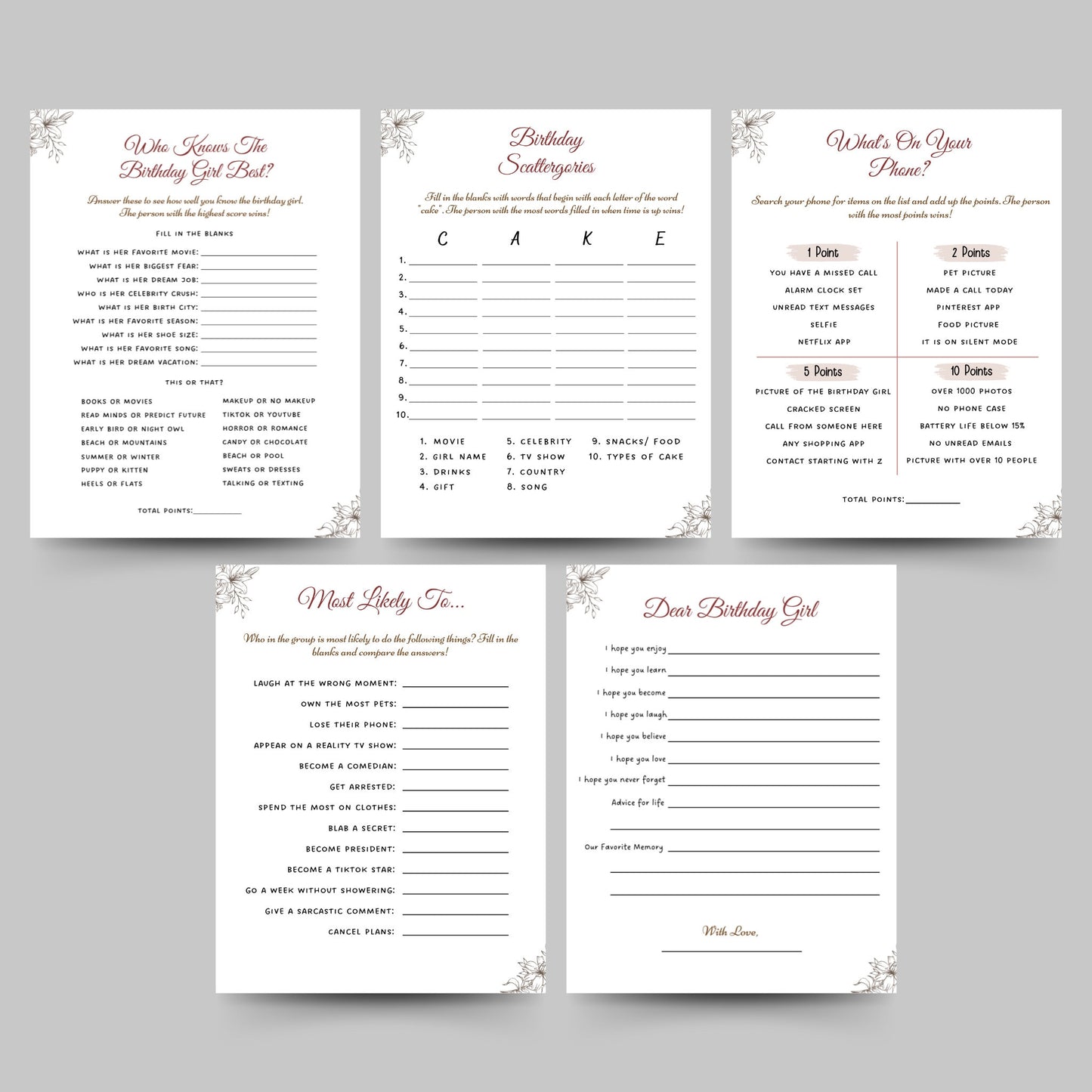 Birthday Games for Her Printable, Womens Birthday Party Games, Fun Birthday Games Bundle, Adult Girl Birthday Games Minimalistic and Modern