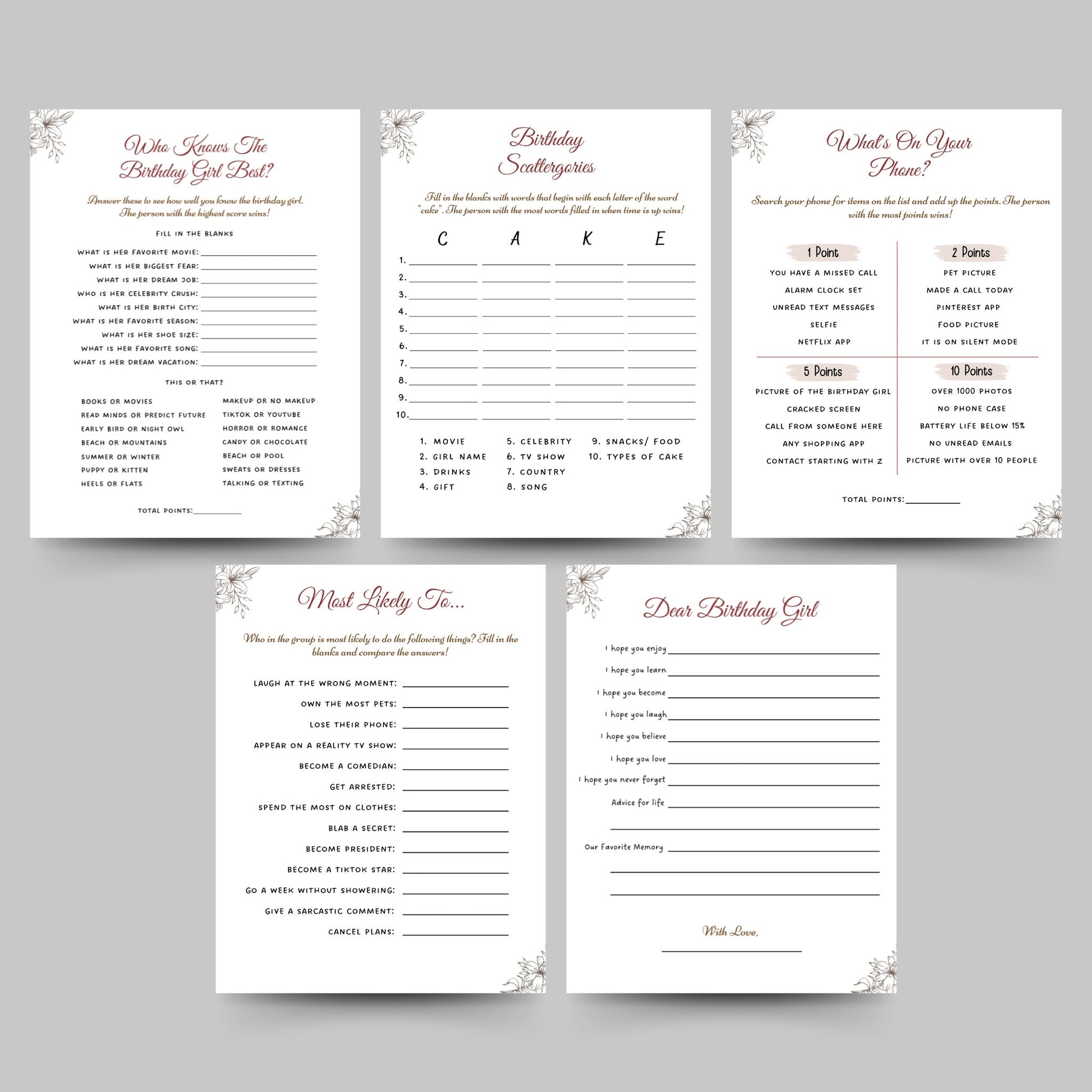 Birthday Games for Her Printable, Womens Birthday Party Games, Fun Birthday Games Bundle, Adult Girl Birthday Games Minimalistic and Modern