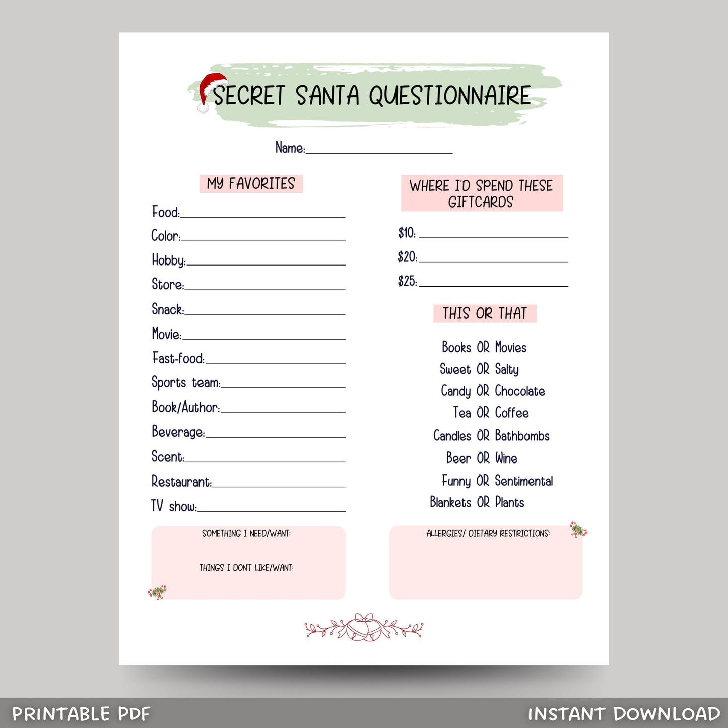 Secret Santa Questionnaire Printable, Secret Santa Gift Exchange Form, Work/ Personal, Co-Worker Christmas Wish List, Gift Exchange Question