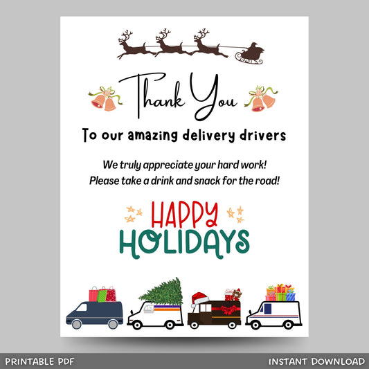 Delivery Driver Appreciation Sign, Delivery Driver Thank You Snack & Drink Sign, Mail Carrier Treat Basket Printable Sign, Happy Holidays