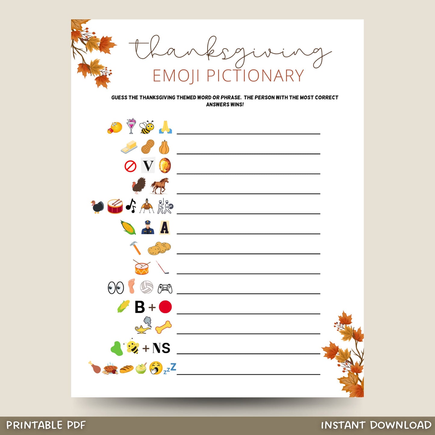 Thanksgiving Emoji Pictionary Game Printable, Fun Thanksgiving Trivia Game | Friendsgiving Party Games, Dinner Games, Family Holiday Games