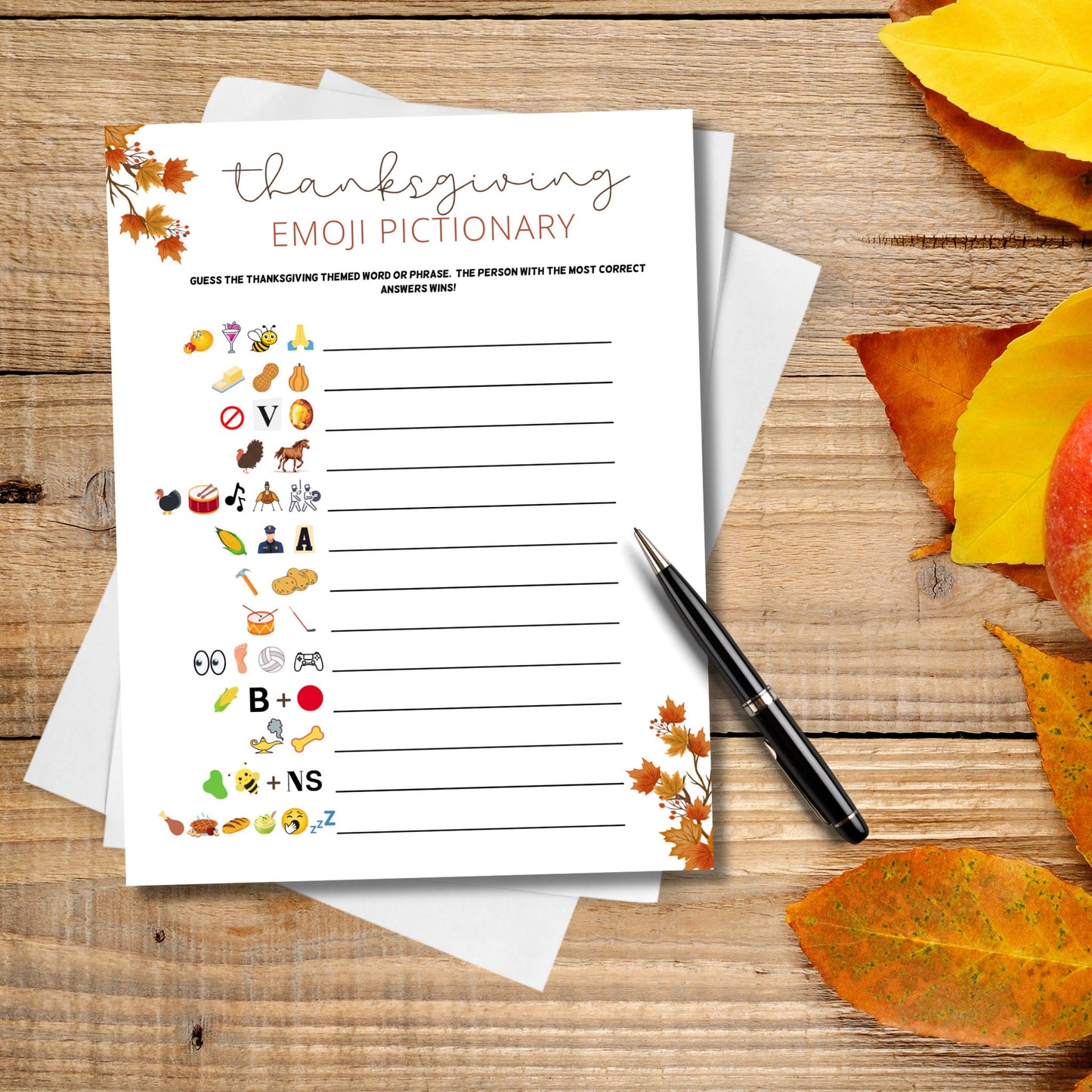 Thanksgiving Emoji Pictionary Game Printable, Fun Thanksgiving Trivia Game | Friendsgiving Party Games, Dinner Games, Family Holiday Games