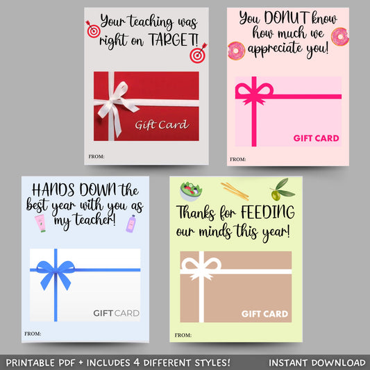 Printable Teacher Thank You Card, Teacher Appreciation Gift Tags Year End Gift, Thank You Tags Holder, Teacher Gift Card Tags End Of Year