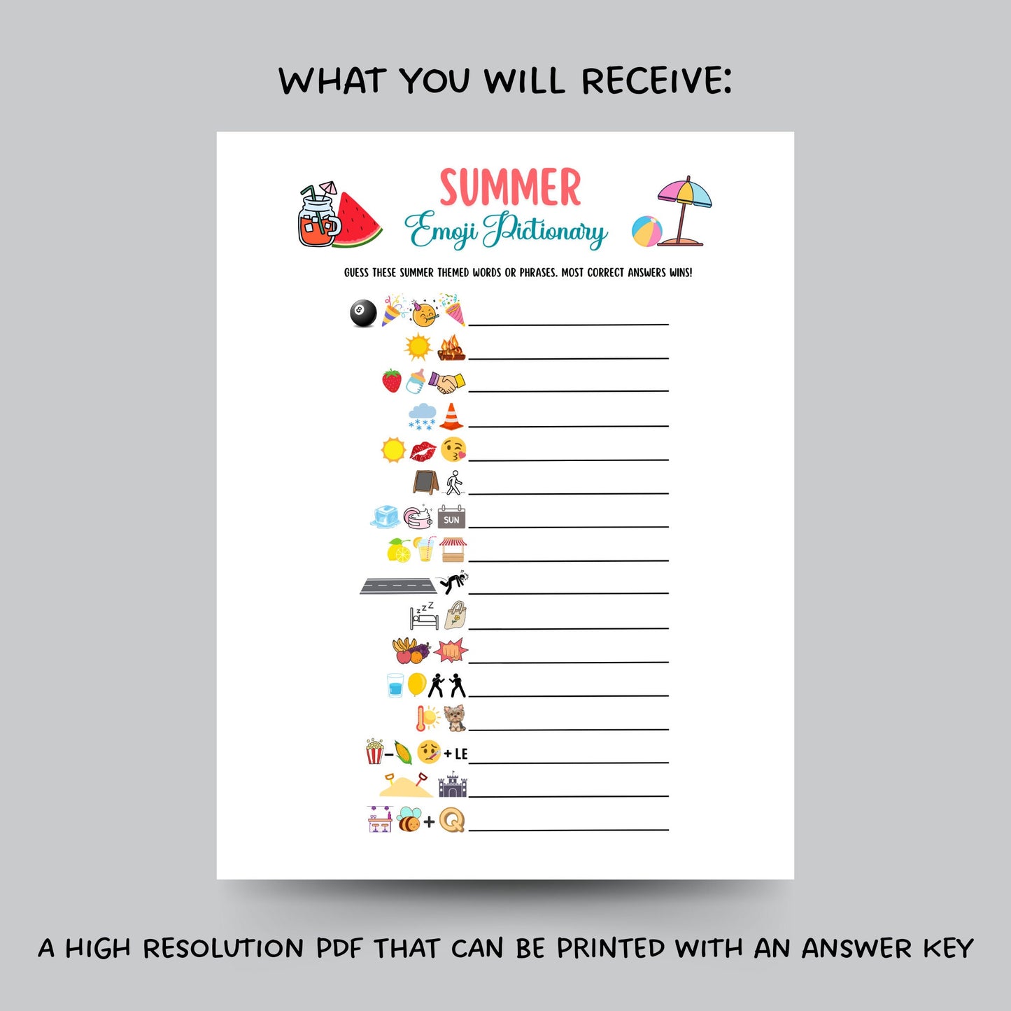 Summer Emoji Pictionary Game Printable, Summertime Activities for Adults & Kids, Fun Pool Party Games, Family Trivia Game, Emoji Quiz Game
