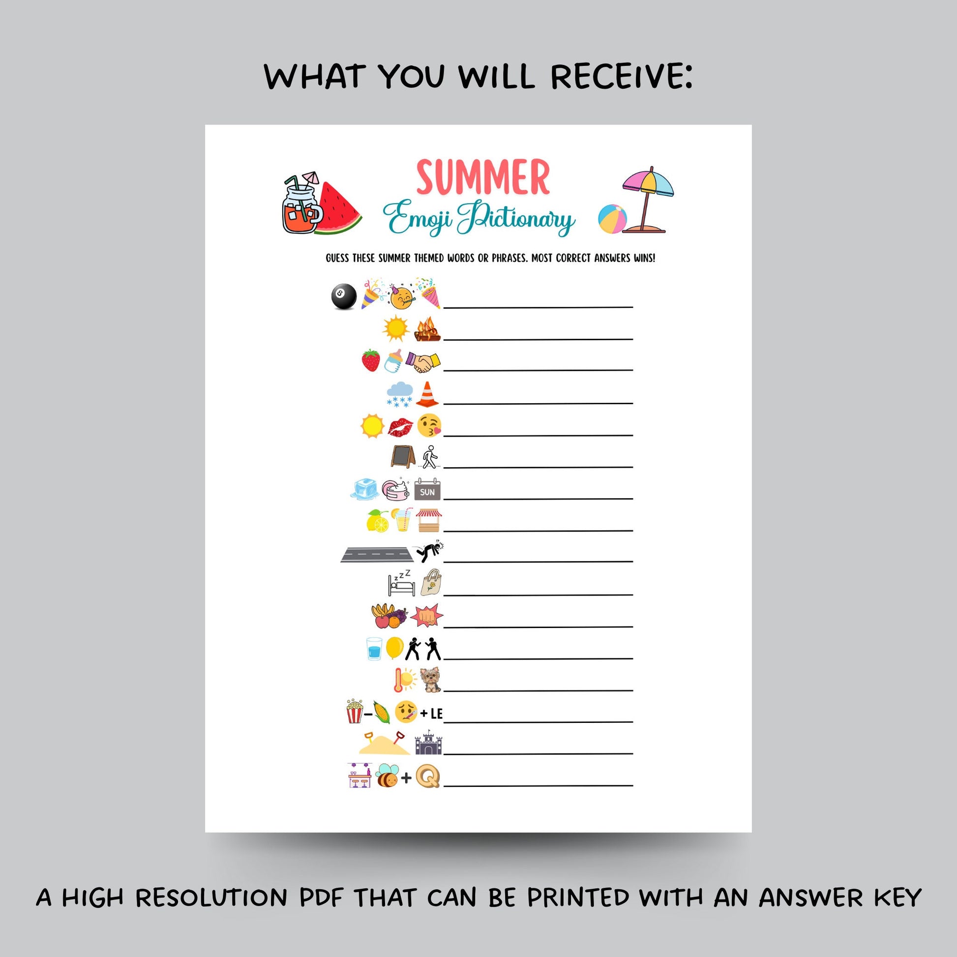 Summer Emoji Pictionary Game Printable, Summertime Activities for Adults & Kids, Fun Pool Party Games, Family Trivia Game, Emoji Quiz Game