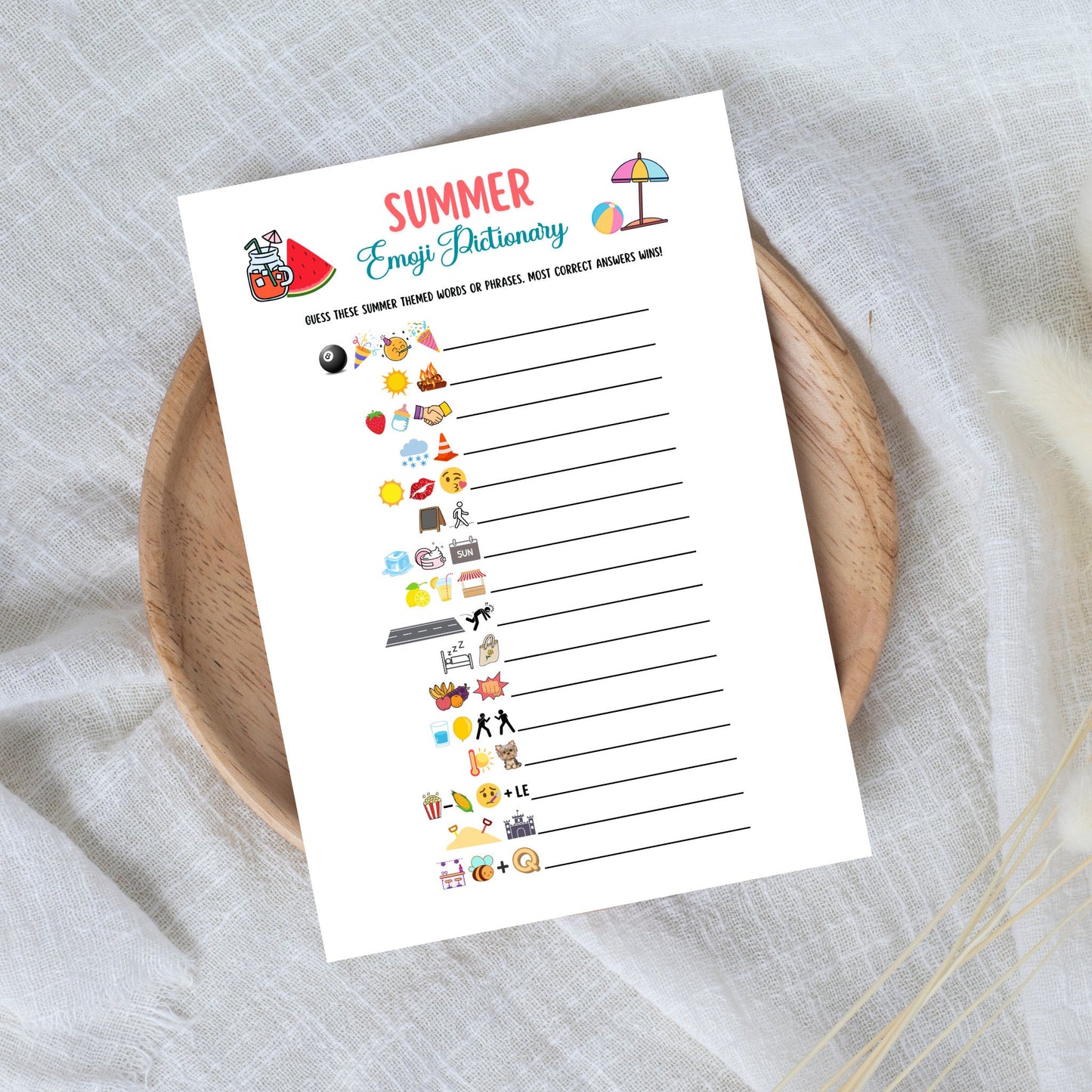 Summer Emoji Pictionary Game Printable, Summertime Activities for Adults & Kids, Fun Pool Party Games, Family Trivia Game, Emoji Quiz Game