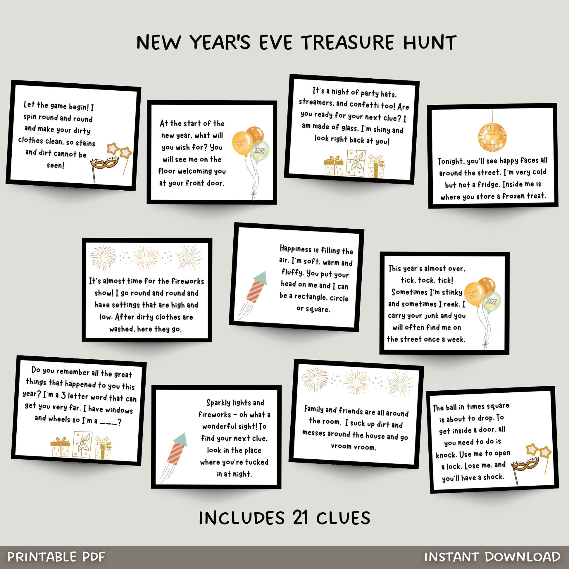 New Years Eve Scavenger Hunt Printable, New Year's Eve Treasure Hunt Clues For Kids, Indoor Activity, 2023 Party Game Kids, Instant Download