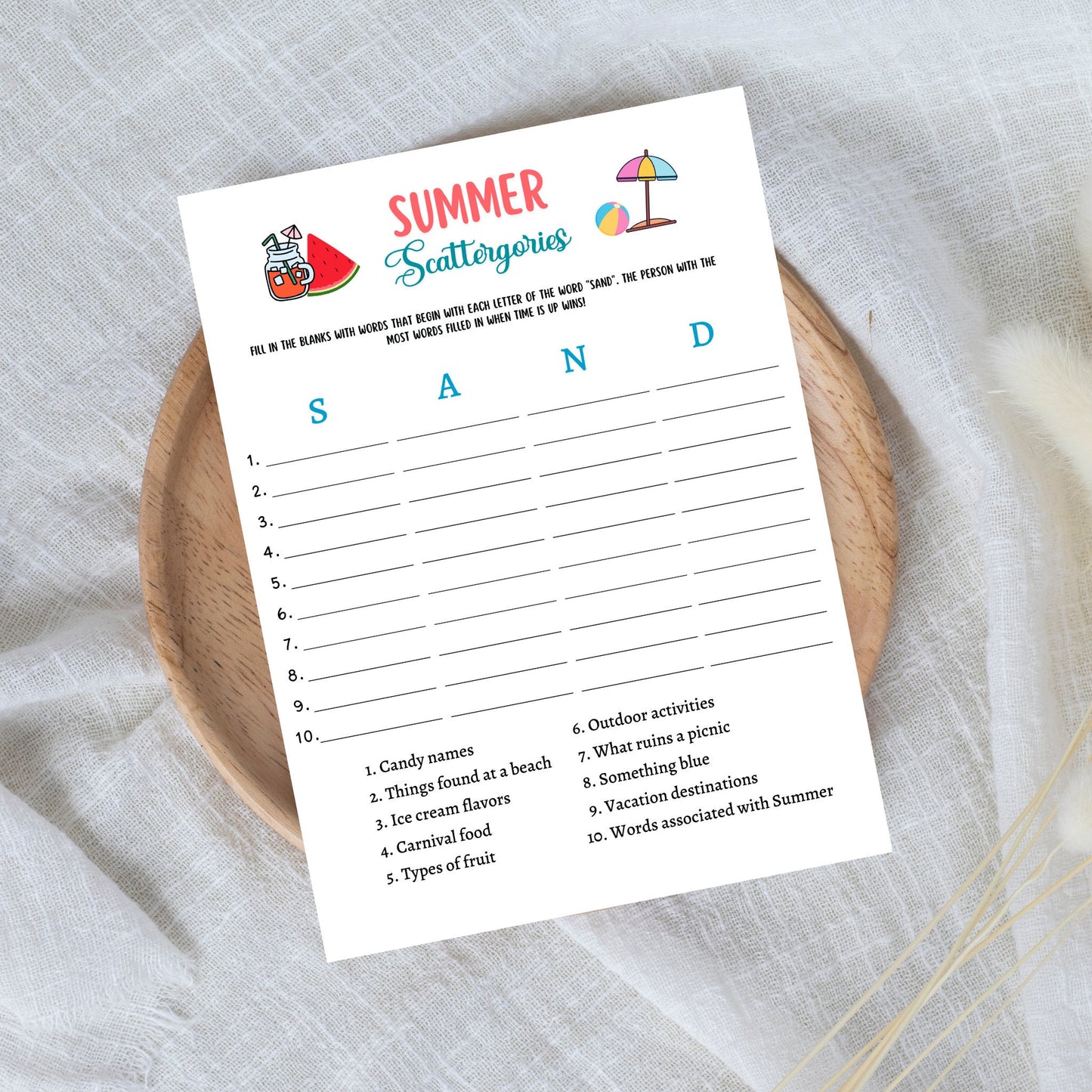 Summer Scattergories Game Printable, Pool Party Game, Summer Camp Activity, Fun Beach Game for Kids, Summer Break Vacation Idea, Icebreakers