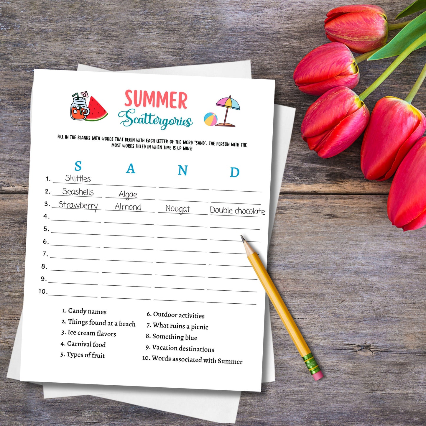 Summer Scattergories Game Printable, Pool Party Game, Summer Camp Activity, Fun Beach Game for Kids, Summer Break Vacation Idea, Icebreakers