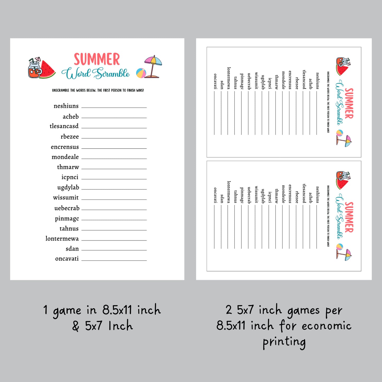 Summer Word Search Game Printable, Pool Party Games, Summer Camp Unscramble Activity, Fun Beach Games for Kids, Summer Break Vacation Ideas