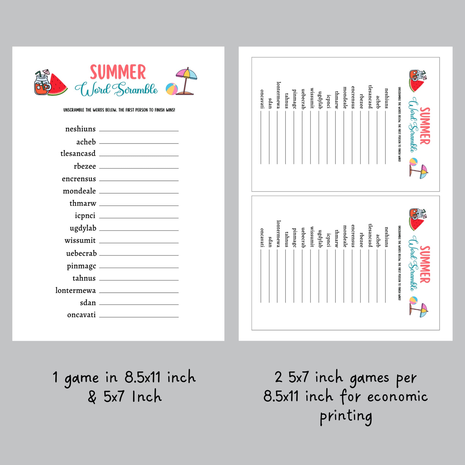 Summer Word Search Game Printable, Pool Party Games, Summer Camp Unscramble Activity, Fun Beach Games for Kids, Summer Break Vacation Ideas