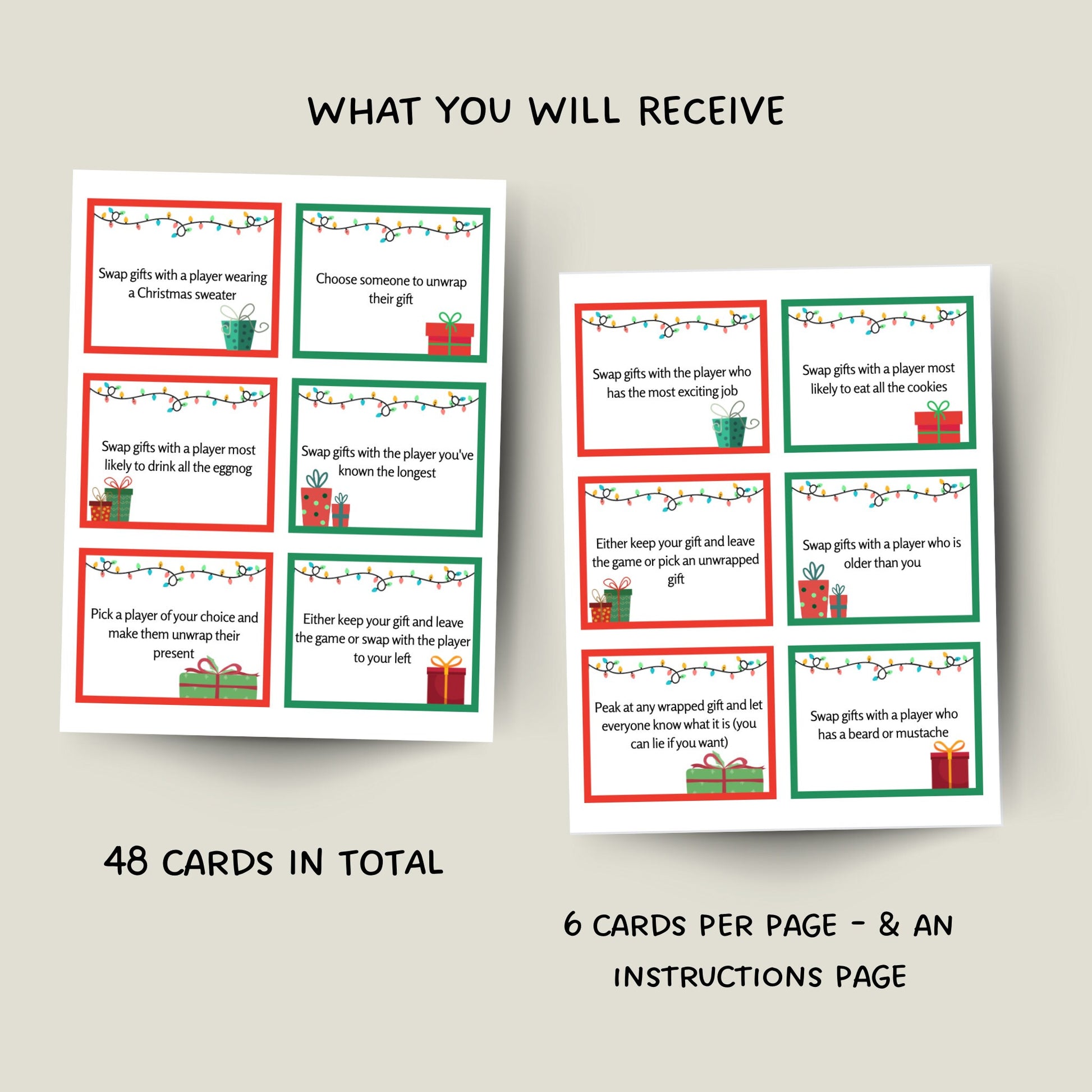 Christmas Gift Exchange Game Printable, White Elephant, Yankee Swap, Dirty Santa, Christmas Party Family Game, Holiday Present Swap Cards