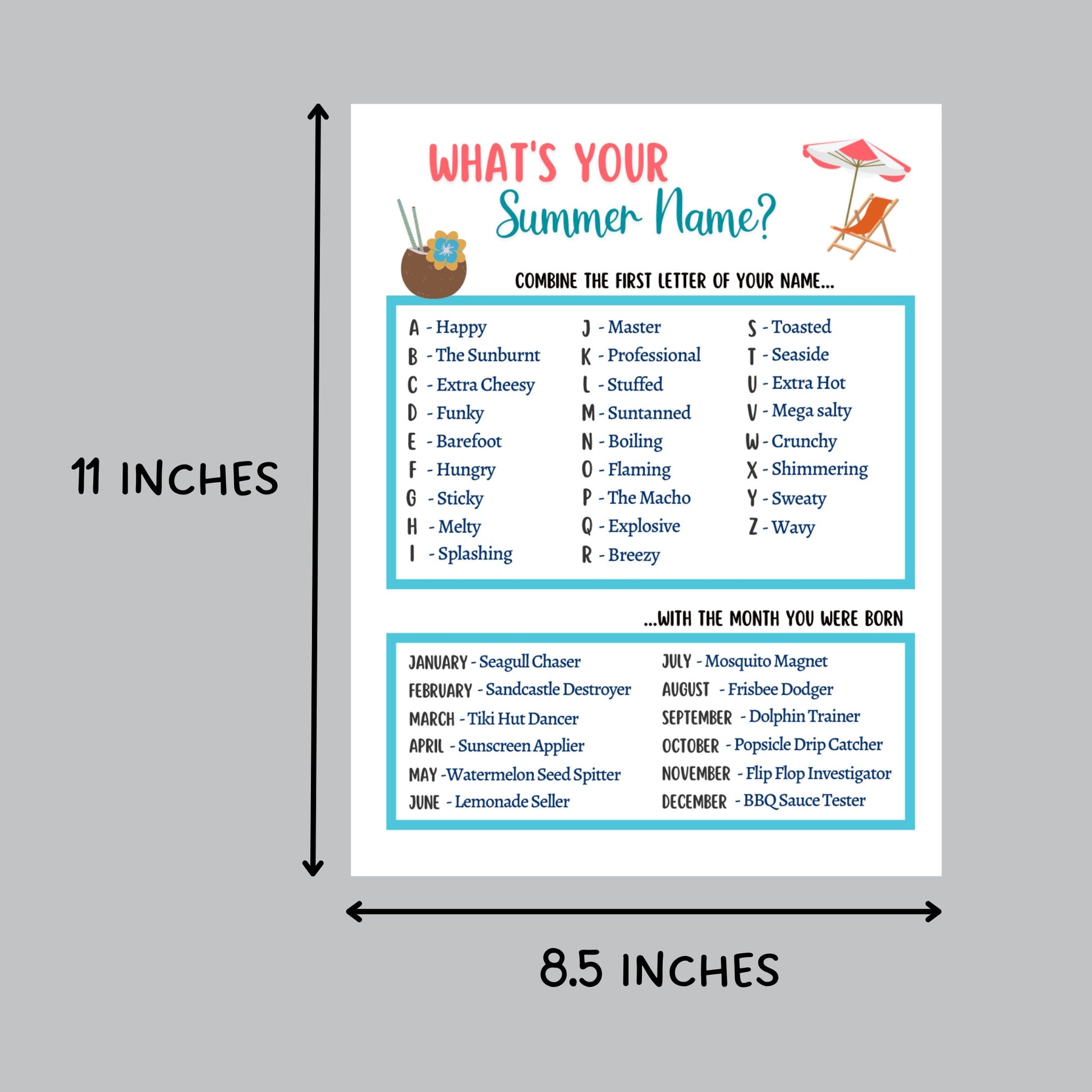 What’s Your Summer Name Game Printable, Pool Party Games, Summer Camp Activity, Fun Beach Games, Icebreaker for Kids, Summer Vacation Ideas