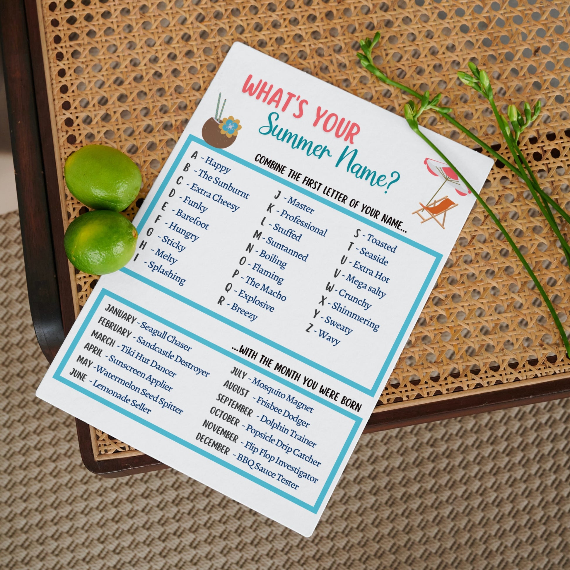 What’s Your Summer Name Game Printable, Pool Party Games, Summer Camp Activity, Fun Beach Games, Icebreaker for Kids, Summer Vacation Ideas