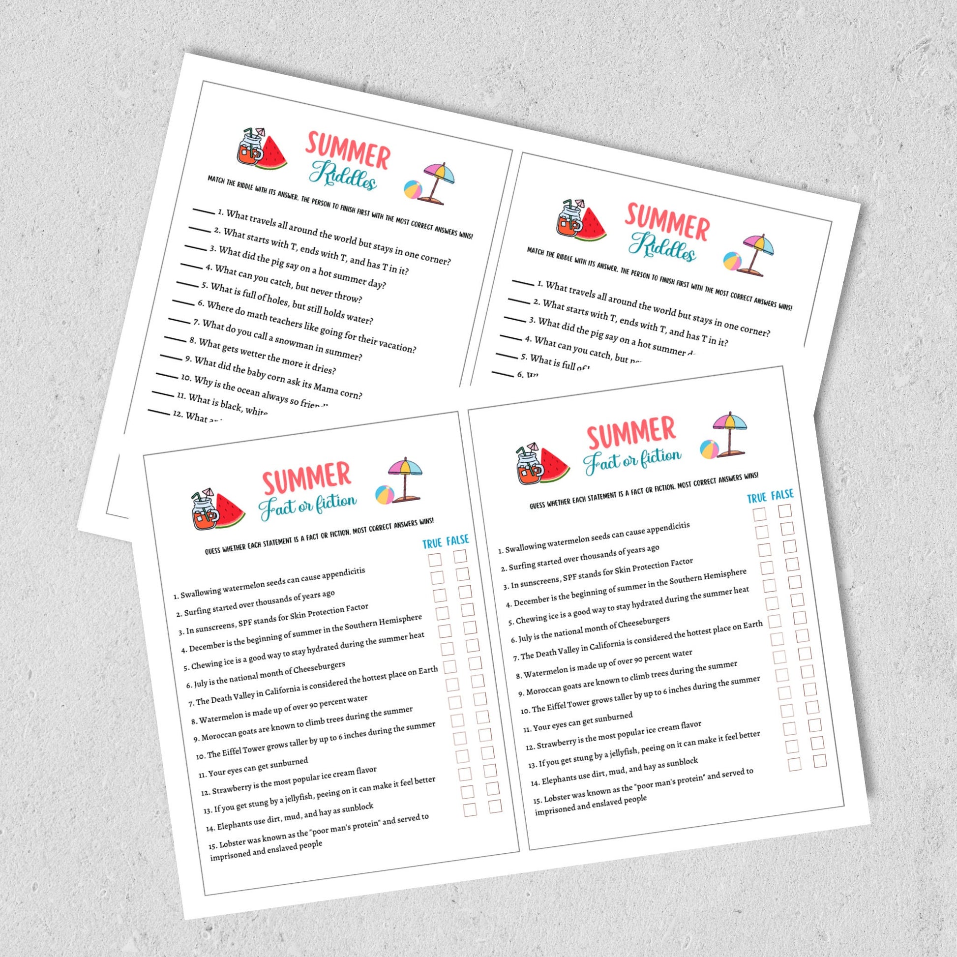 Summer Camp Games Bundle Printable, Summertime Beach Party Games Adult and Kids, Fun Family Activity, Road Trip Game, Vacation Travel Trivia