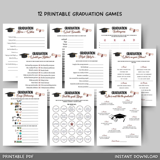 Purchase includes 12 printable graduation party games like emoji pictionary, who is most like the graduate, would you rather, advice and wishes for the grad, what's on your phone, scattergories, and much more! Simply, download, print, and use!