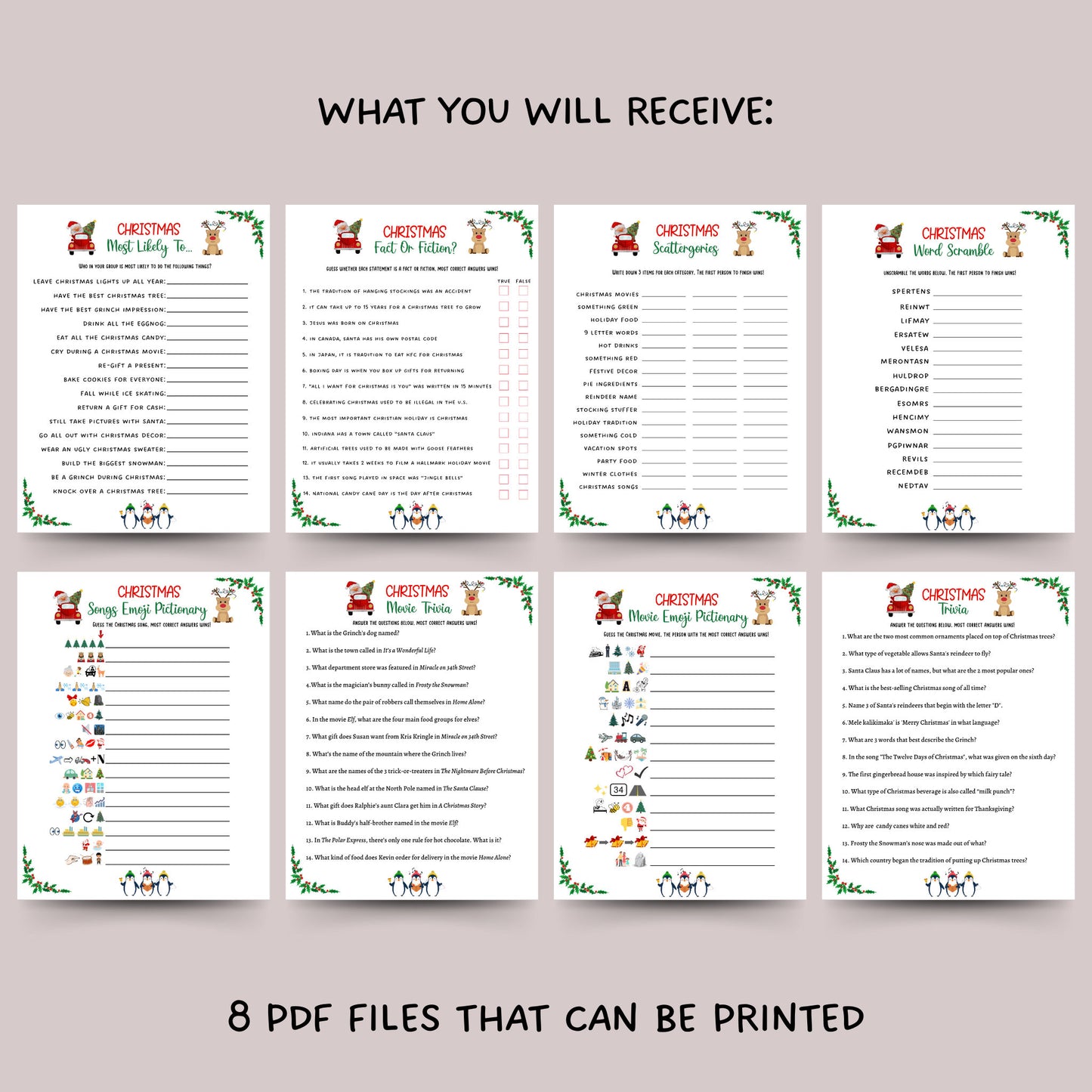 Christmas Party Games Bundle Printable, Fun Holiday Game, Christmas Family Game, Office Party Game, Xmas Game Adult, Trivia Game, Emoji Game