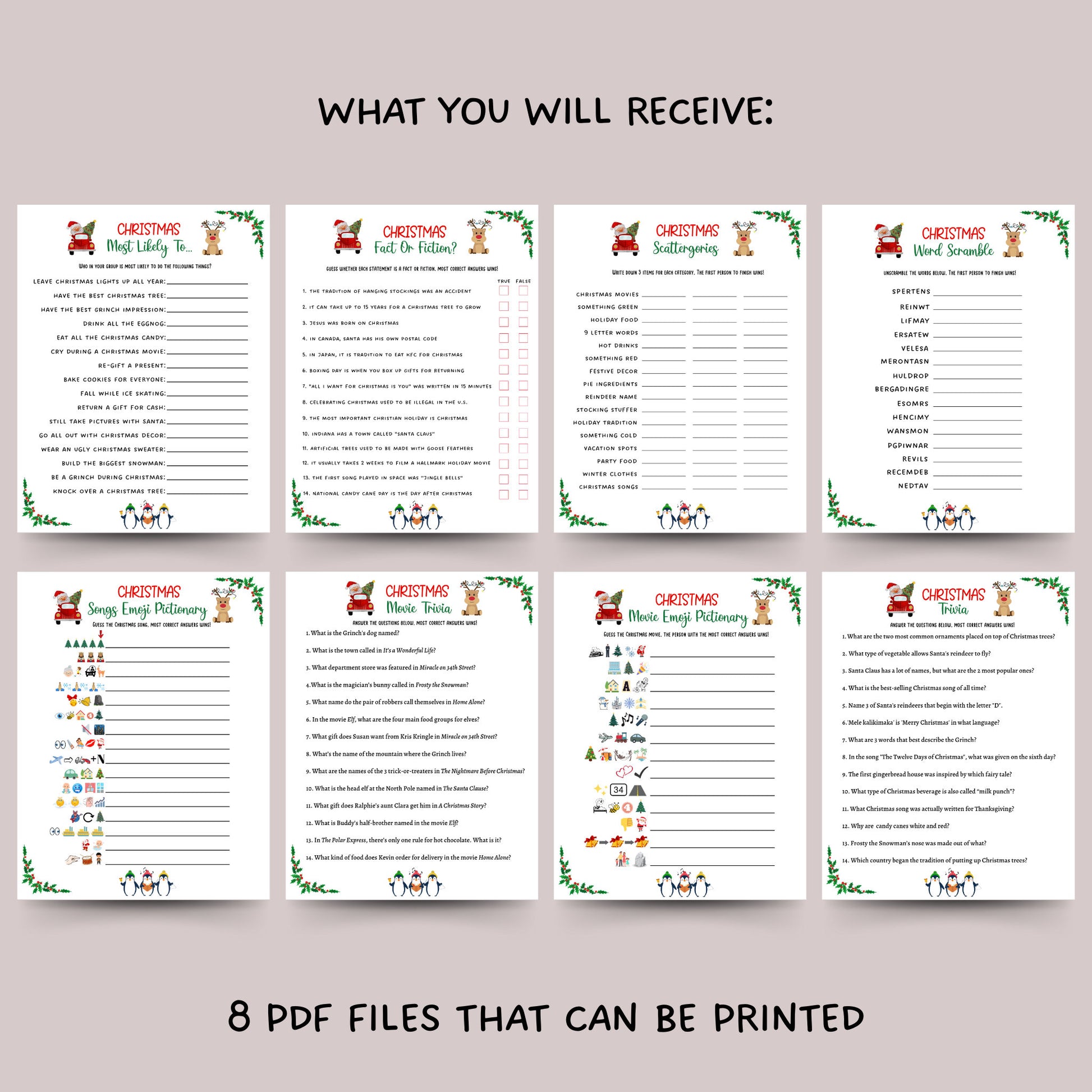 Christmas Party Games Bundle Printable, Fun Holiday Game, Christmas Family Game, Office Party Game, Xmas Game Adult, Trivia Game, Emoji Game