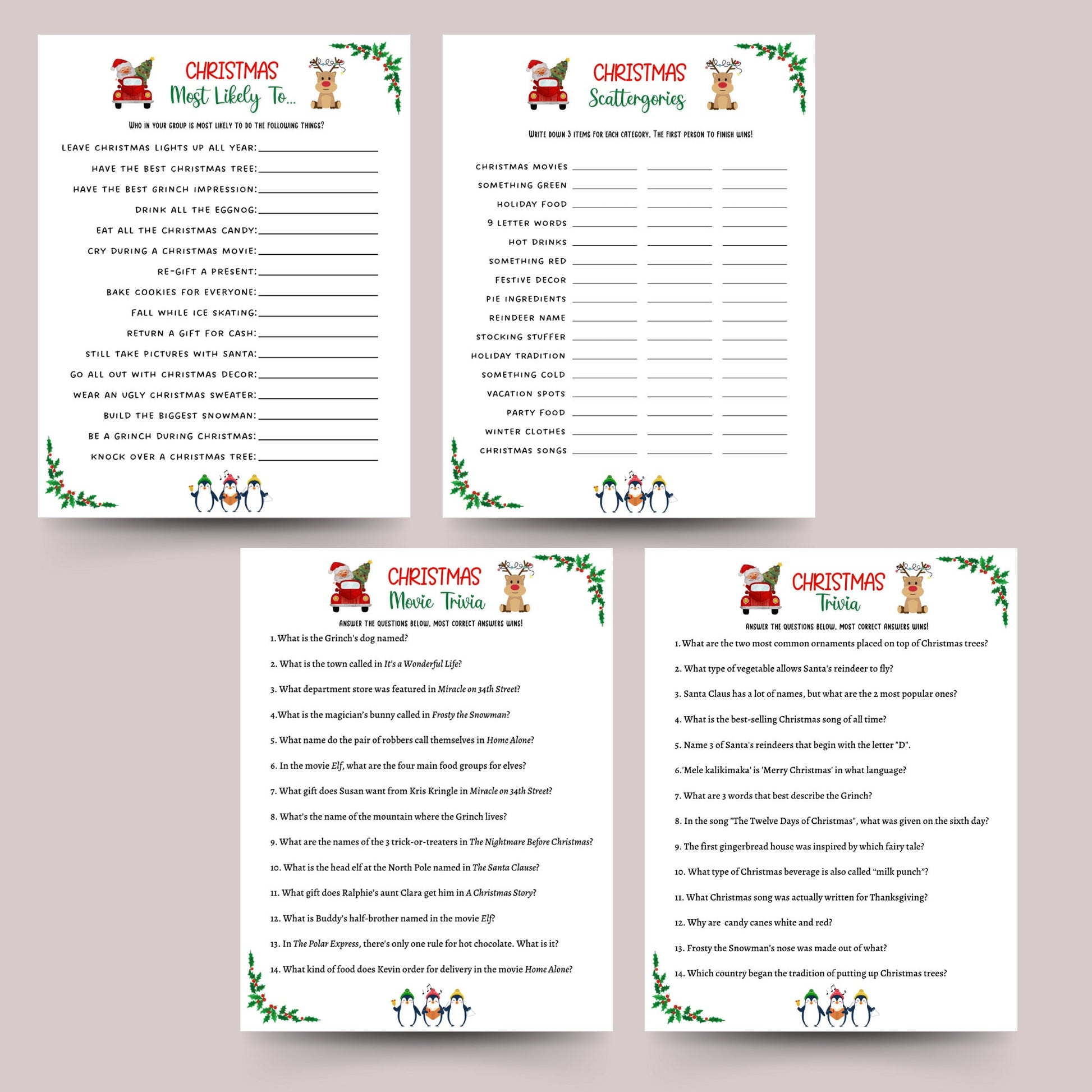 Christmas Party Games Bundle Printable, Fun Holiday Game, Christmas Family Game, Office Party Game, Xmas Game Adult, Trivia Game, Emoji Game