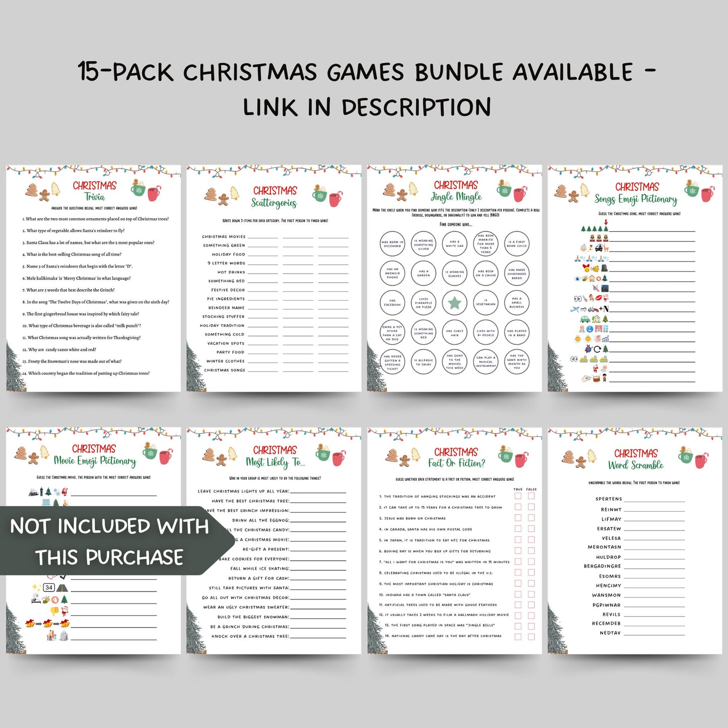 Christmas Party Games Bundle Printable, Fun Holiday Game, Christmas Family Game, Office Party Game, Xmas Game Adult, Trivia Game, Emoji Game