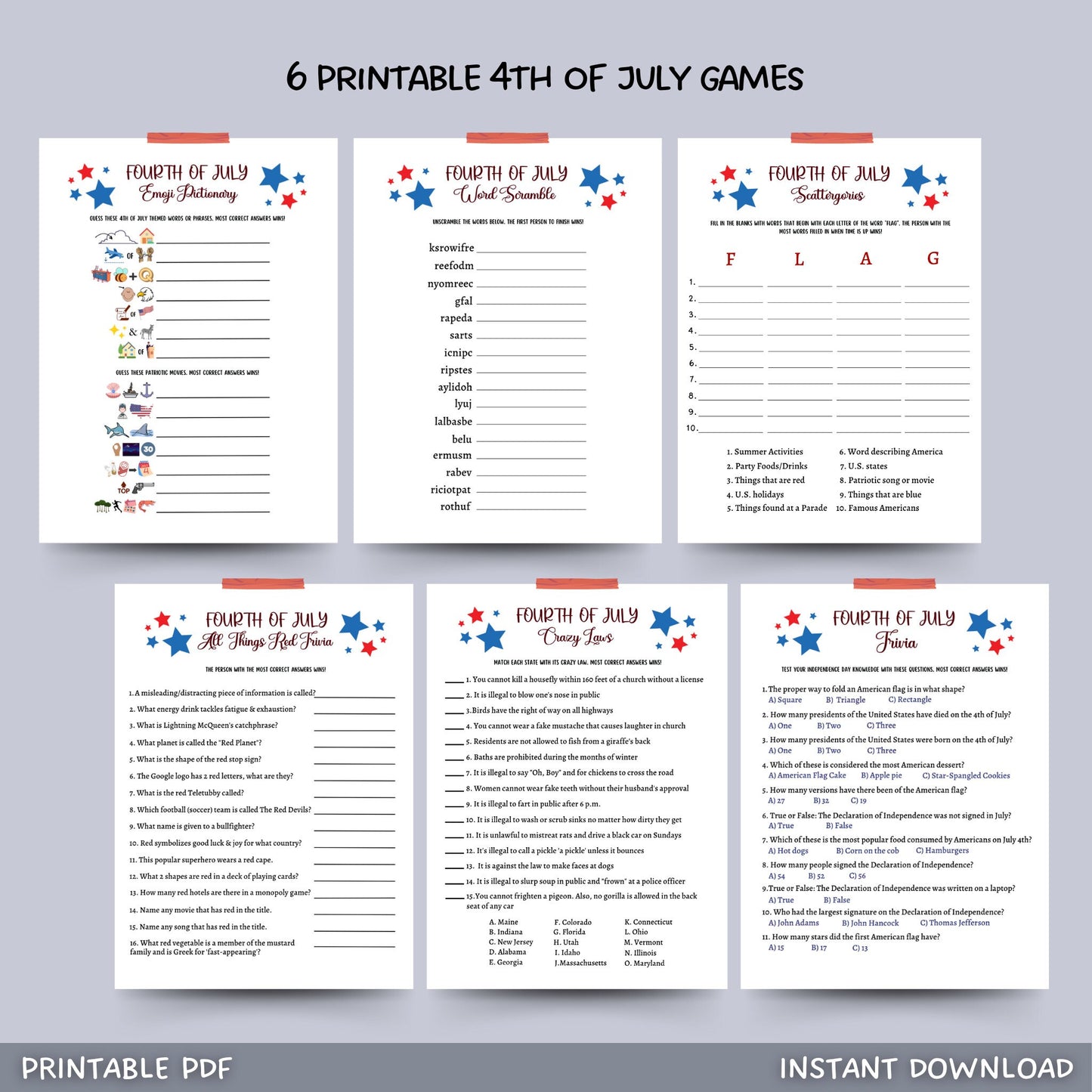 4th of July Party Games Printable, Independence Day Patriotic American Trivia Games, Fourth of July Fun Family Activity for Kids and Adults