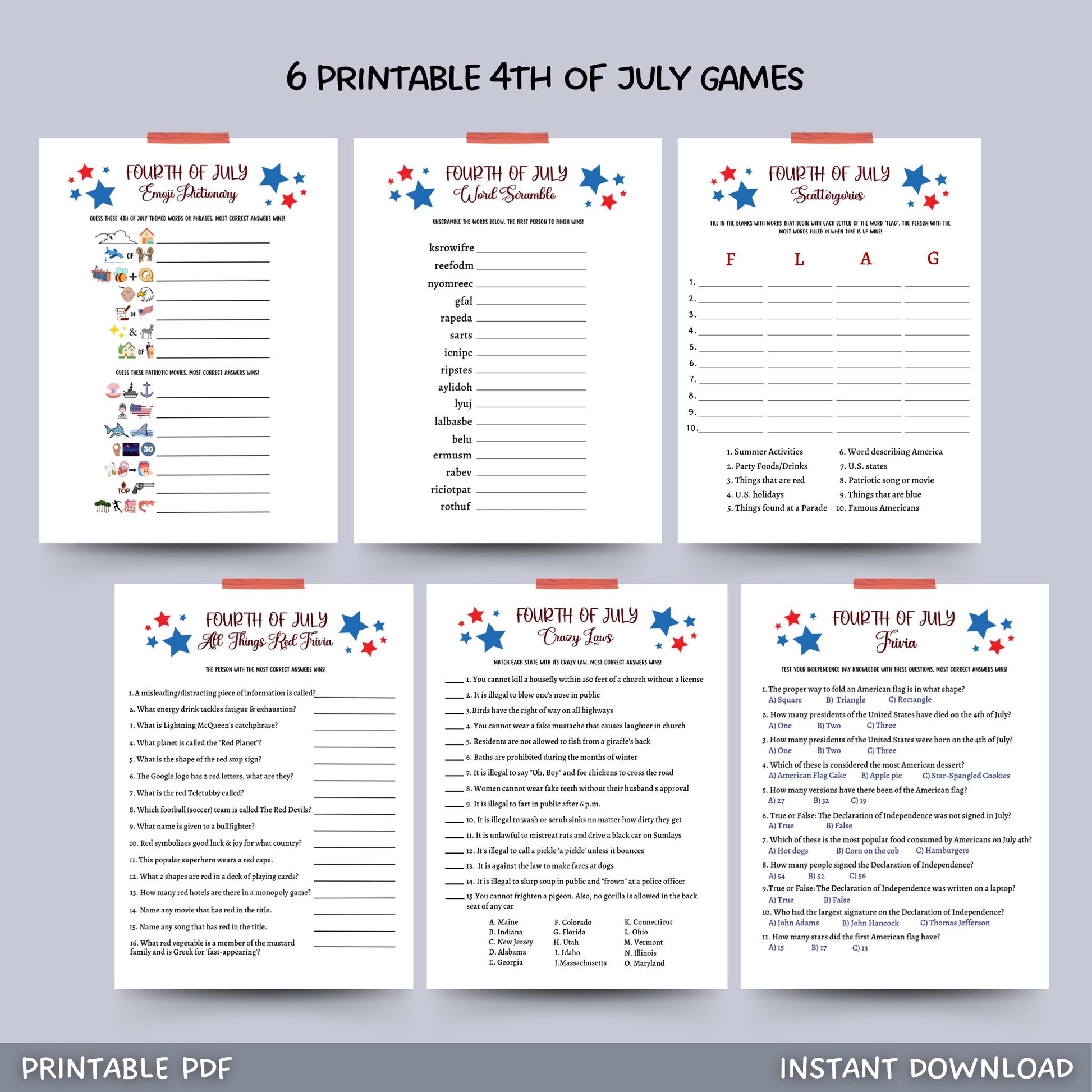 4th of July Party Games Printable, Independence Day Patriotic American Trivia Games, Fourth of July Fun Family Activity for Kids and Adults
