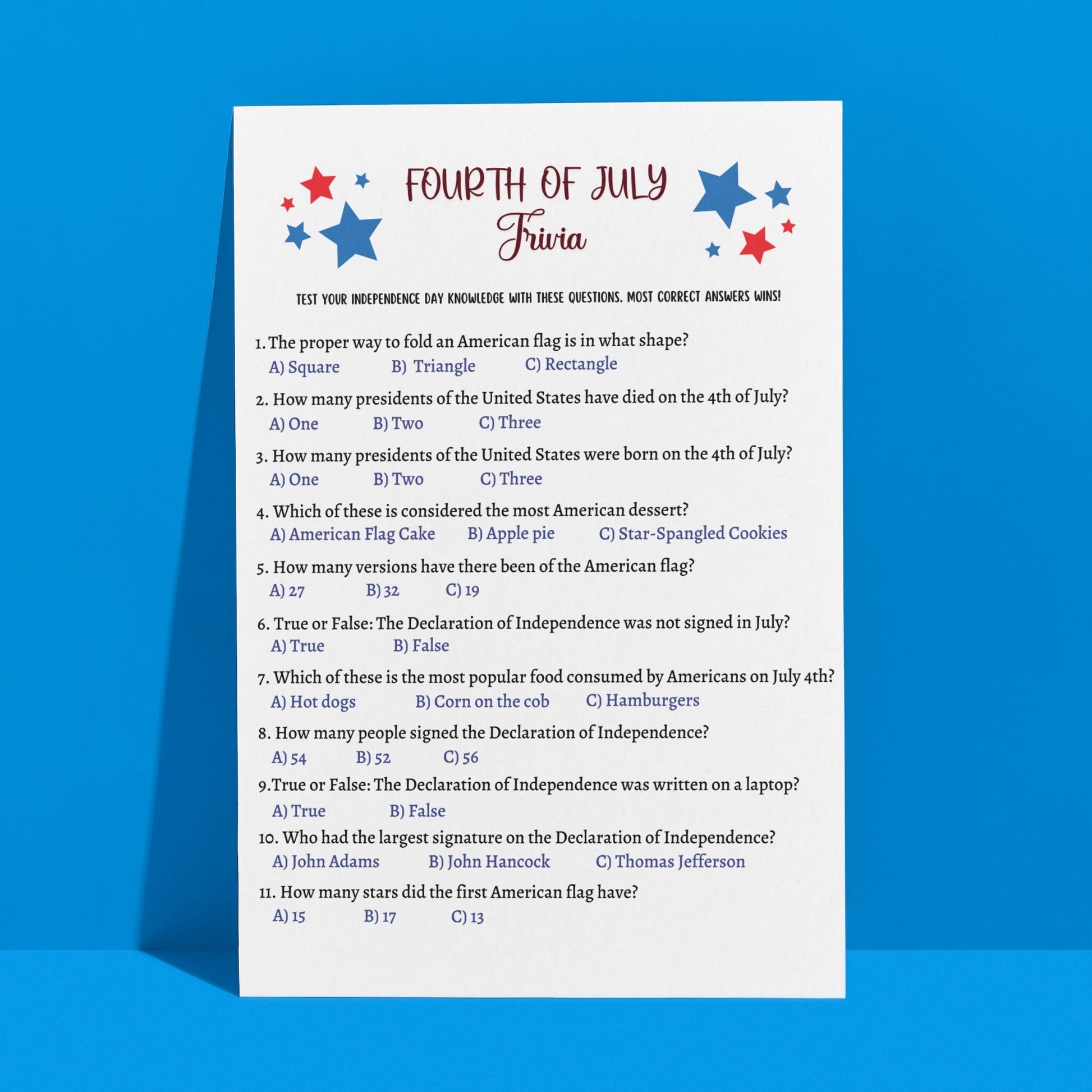4th of July Party Games Printable, Independence Day Patriotic American Trivia Games, Fourth of July Fun Family Activity for Kids and Adults