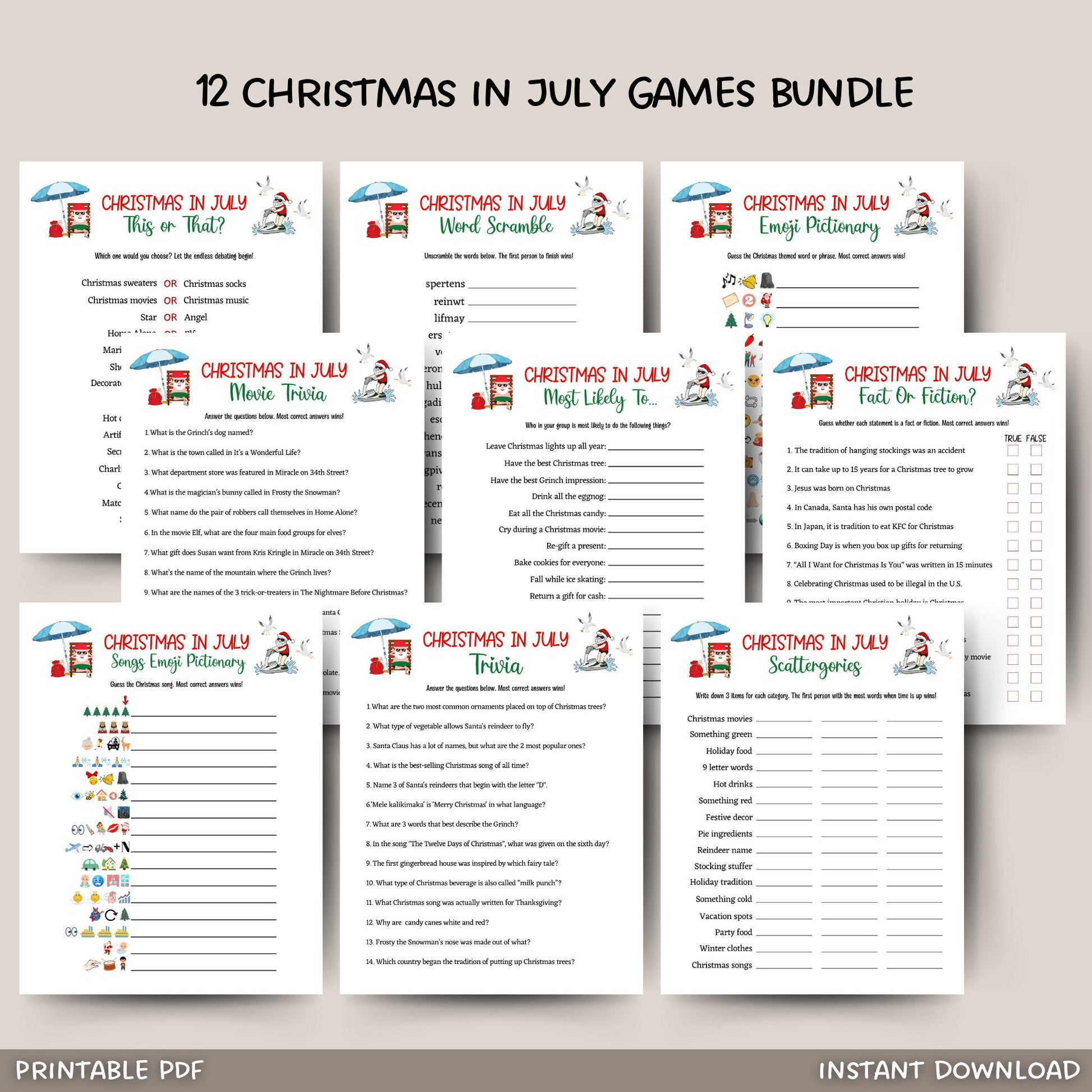 Christmas in July Games Bundle Printable, Family Activity, Office Party Xmas Games, Fun Holiday Games, Xmas Party Games For Kids & Adults