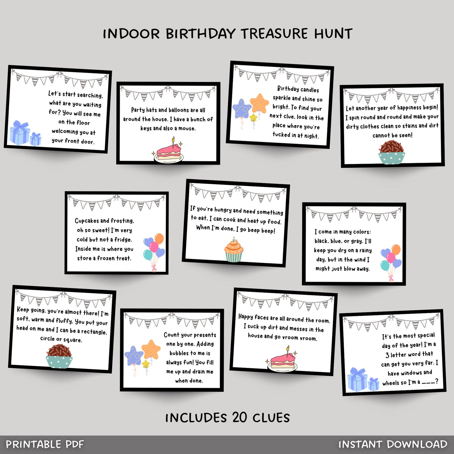 Indoor Birthday Treasure Hunt For Kids, Birthday Scavenger Hunt Clues, Birthday Printable Games, Indoor Birthday Games, Instant Download PDF