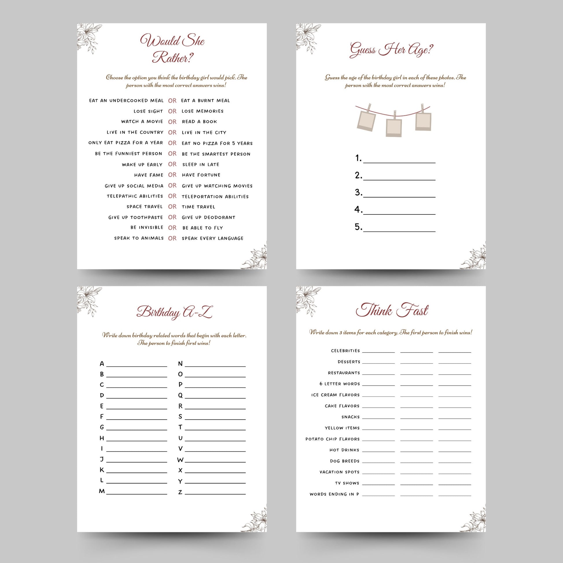 Birthday Games for Her Printable, Womens Birthday Party Games, Fun Birthday Games Bundle, Adult Girl Birthday Games Minimalistic and Modern