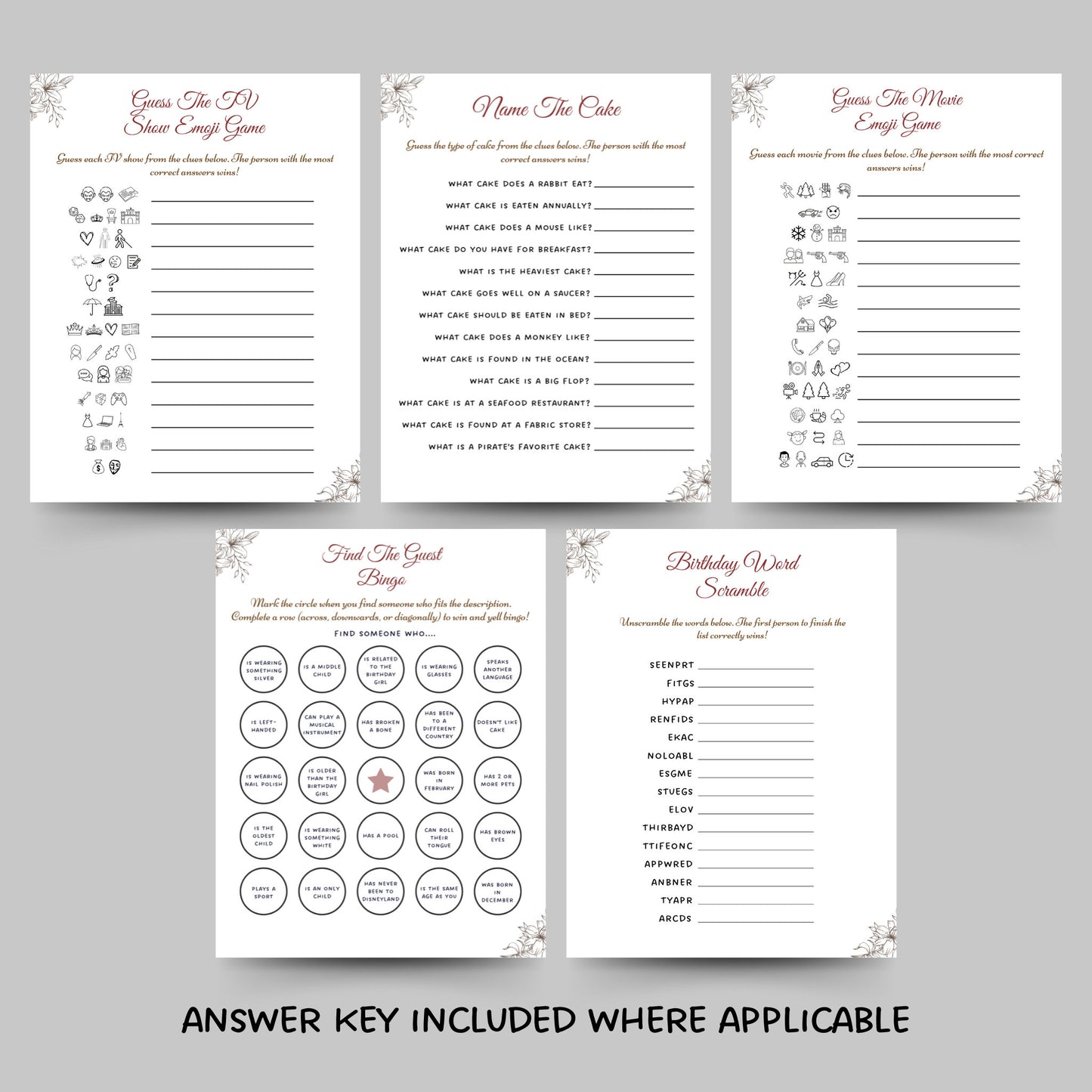 Birthday Games for Her Printable, Womens Birthday Party Games, Fun Birthday Games Bundle, Adult Girl Birthday Games Minimalistic and Modern