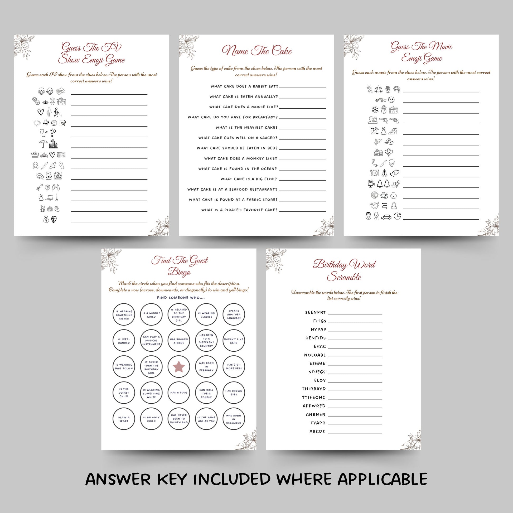 Birthday Games for Her Printable, Womens Birthday Party Games, Fun Birthday Games Bundle, Adult Girl Birthday Games Minimalistic and Modern
