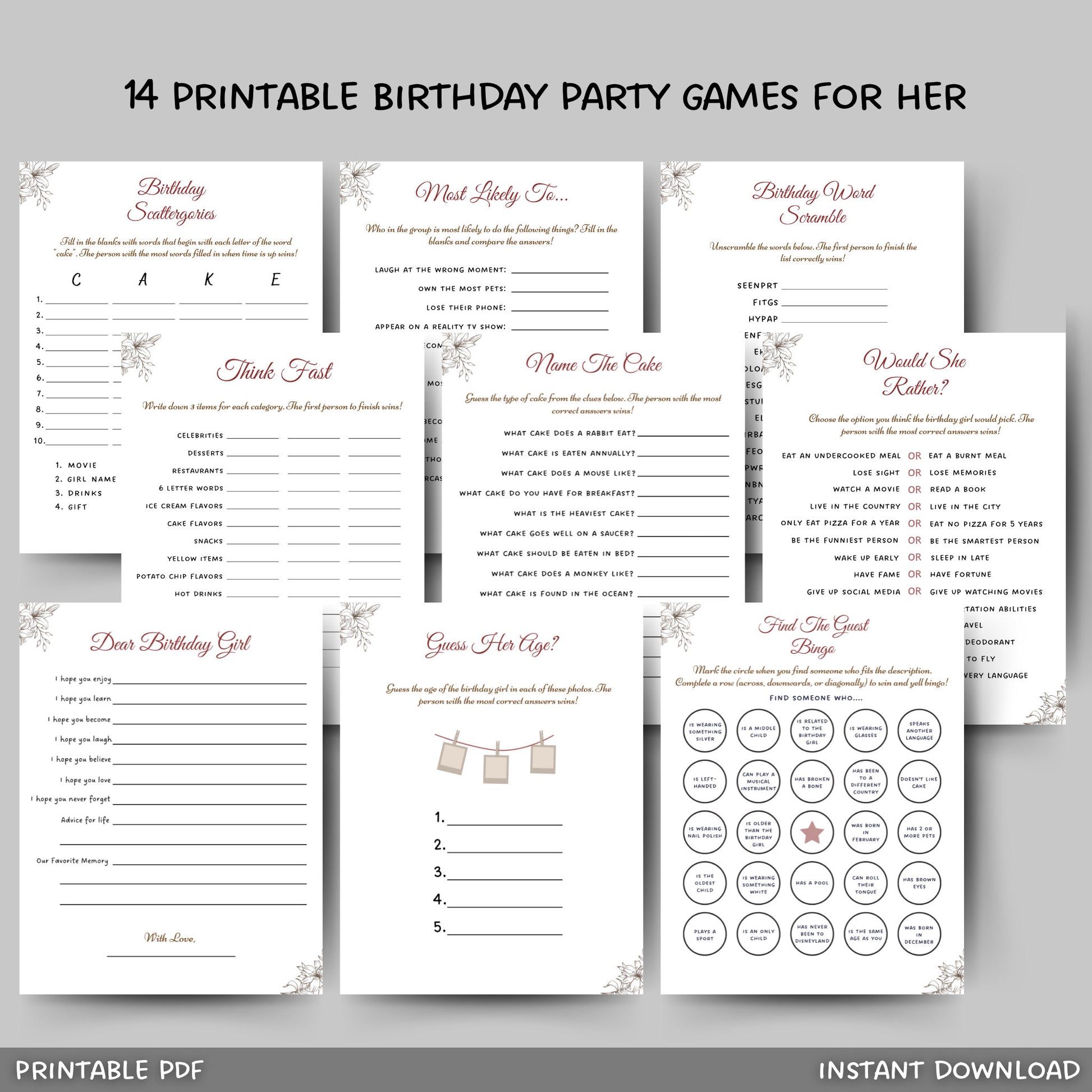 Birthday Games for Her Printable, Womens Birthday Party Games, Fun Birthday Games Bundle, Adult Girl Birthday Games Minimalistic and Modern