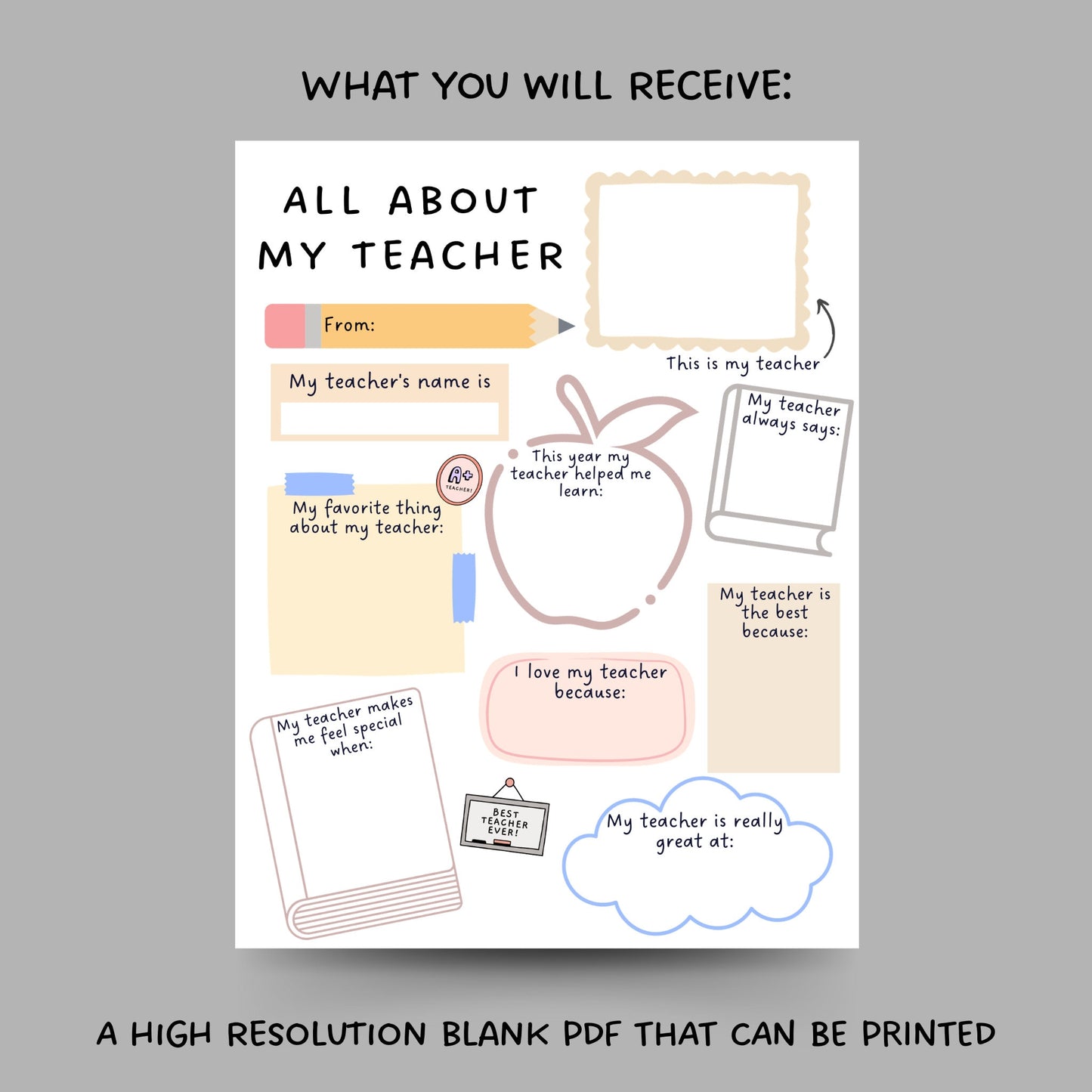 All About My Teacher Printable, Teacher Appreciation Week, Thank You Teacher Gift, End of School Teacher Gift, Teacher Questionnaire Survey