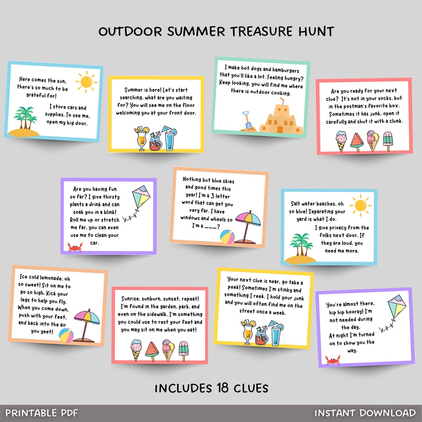 Summer Scavenger Hunt for Kids, Printable Outdoor Treasure Hunt Clues, Summer Party Games, Fun Outdoor Tween Teen Activity, Instant Download