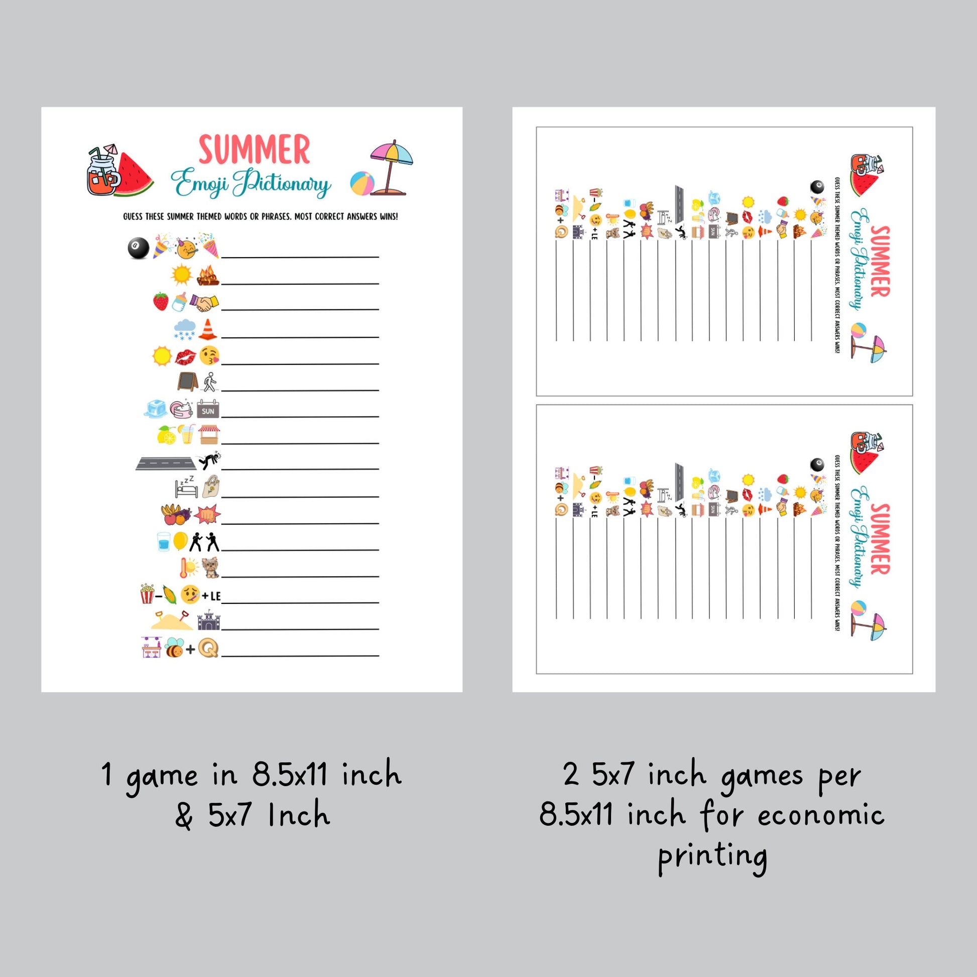 Summer Emoji Pictionary Game Printable, Summertime Activities for Adults & Kids, Fun Pool Party Games, Family Trivia Game, Emoji Quiz Game